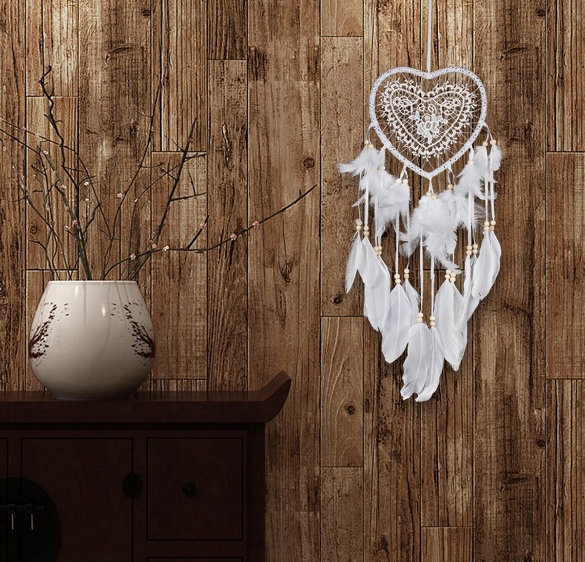 Handmade Dream Catcher | Dream Catcher XXL | Large Handmade Dream Catcher | Dream Catcher - Large Dream Catcher | Heart Dream Catcher | With Feathers | White - Image 4