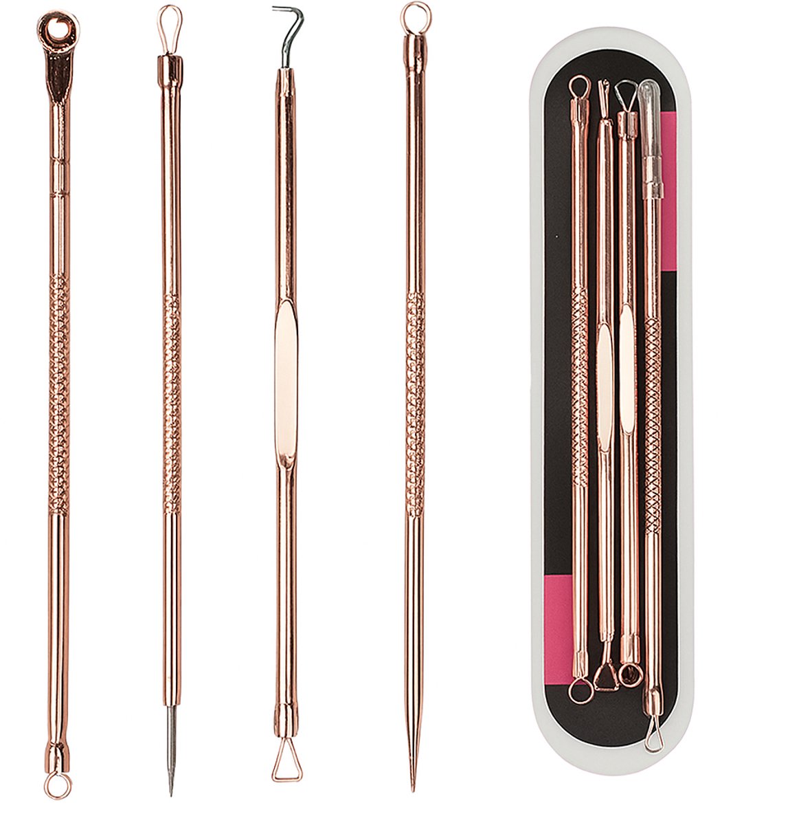 4-Piece Set of Comedone Spoons | Blackhead & Acne Removal | Acne | Comedone Spoon | Comedone Extractor | Pimple Removal | Stainless Steel | Rose Gold - Image 1