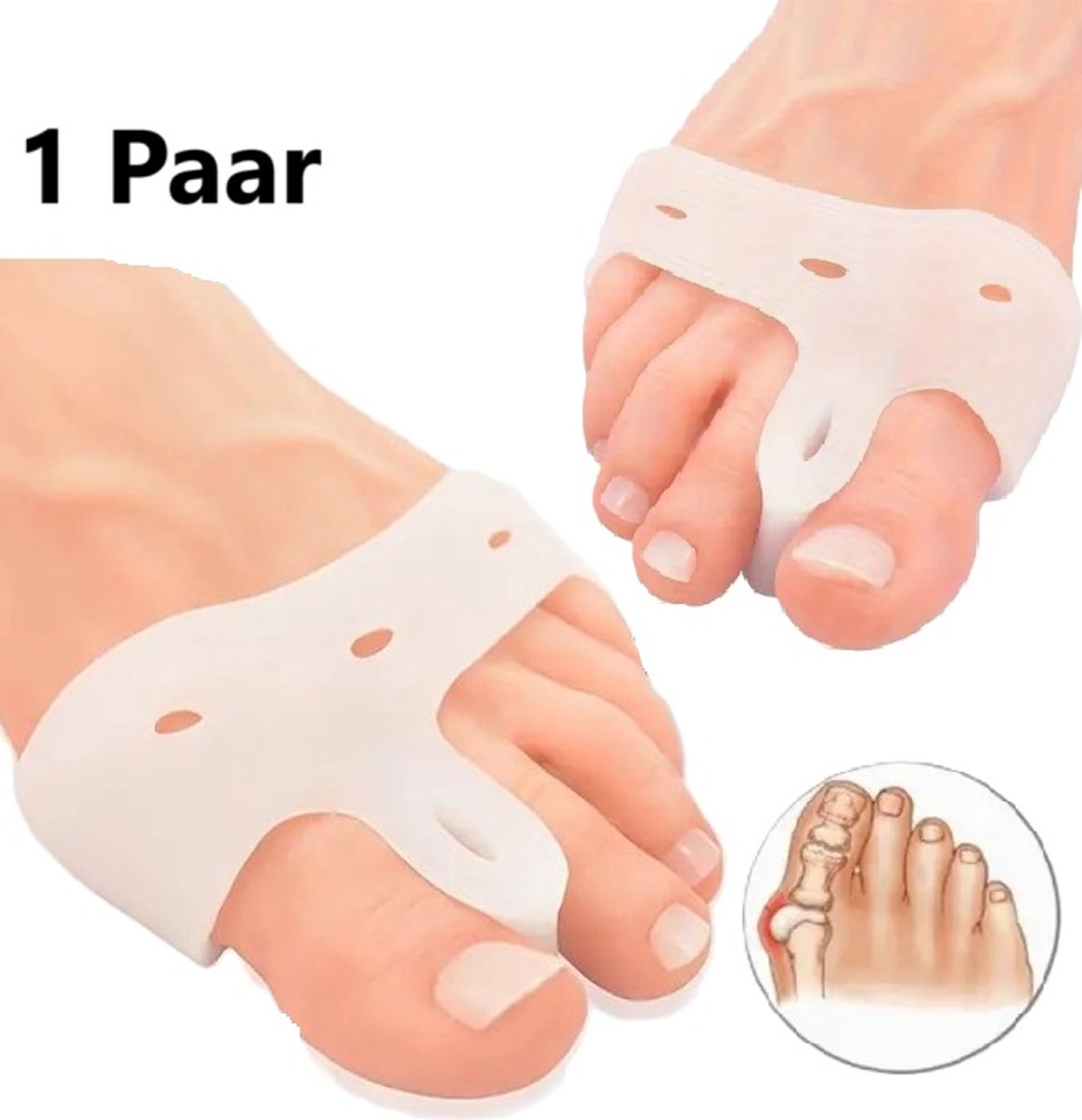 Hallux Valgus Silicone Toe Corrector | Toe Separator | Straighten Big Toe | Shock Absorbing | With Holes | White | 1 Pair - Image 1