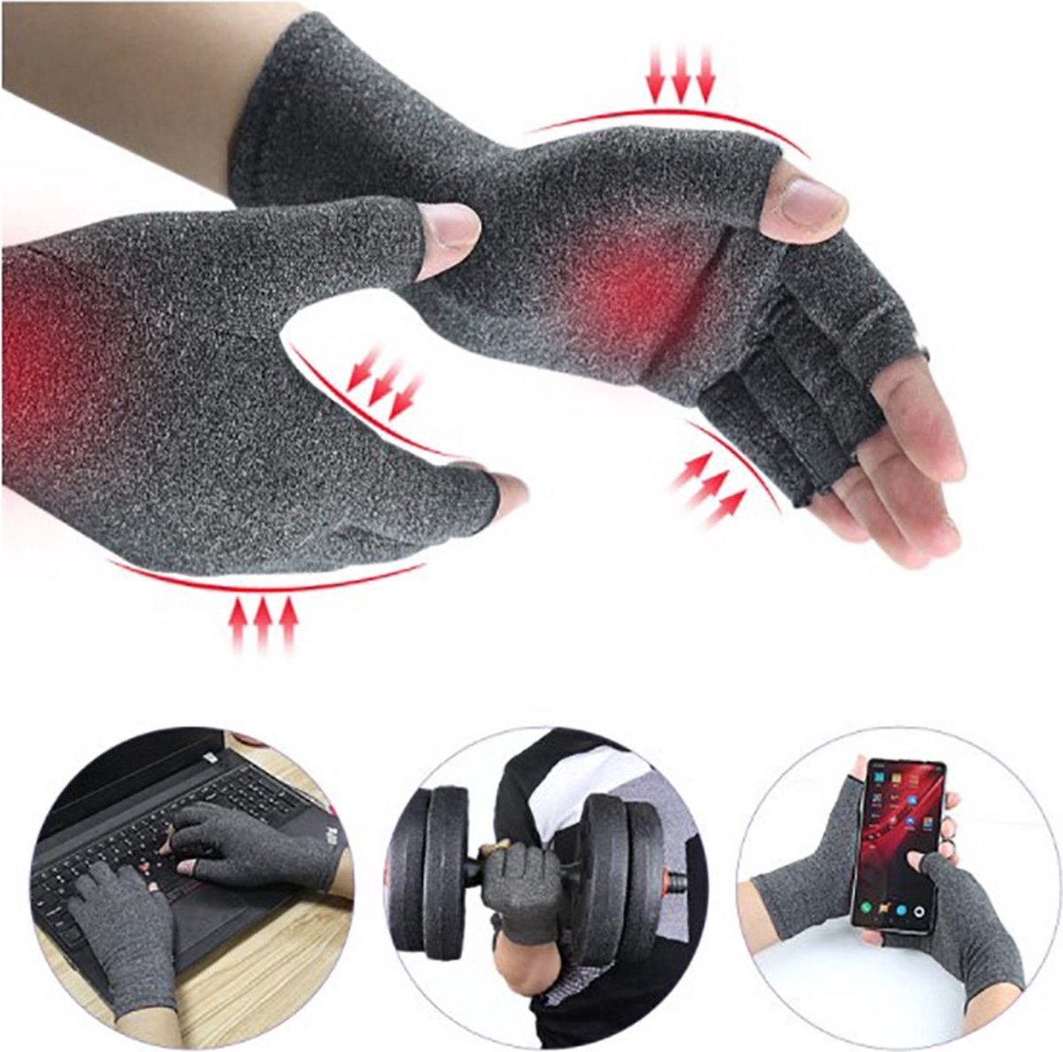 Compression Gloves | Therapeutic Gloves | Open Fingertips | Size XL | Grey | 1 Pair - Image 1