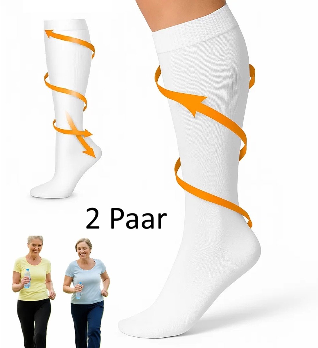 Duo Pack Compression Socks | Compression Stockings | Support Stockings | Airplane Socks | Anti-Fatigue | Size S/M (35-39) | White - Image 1