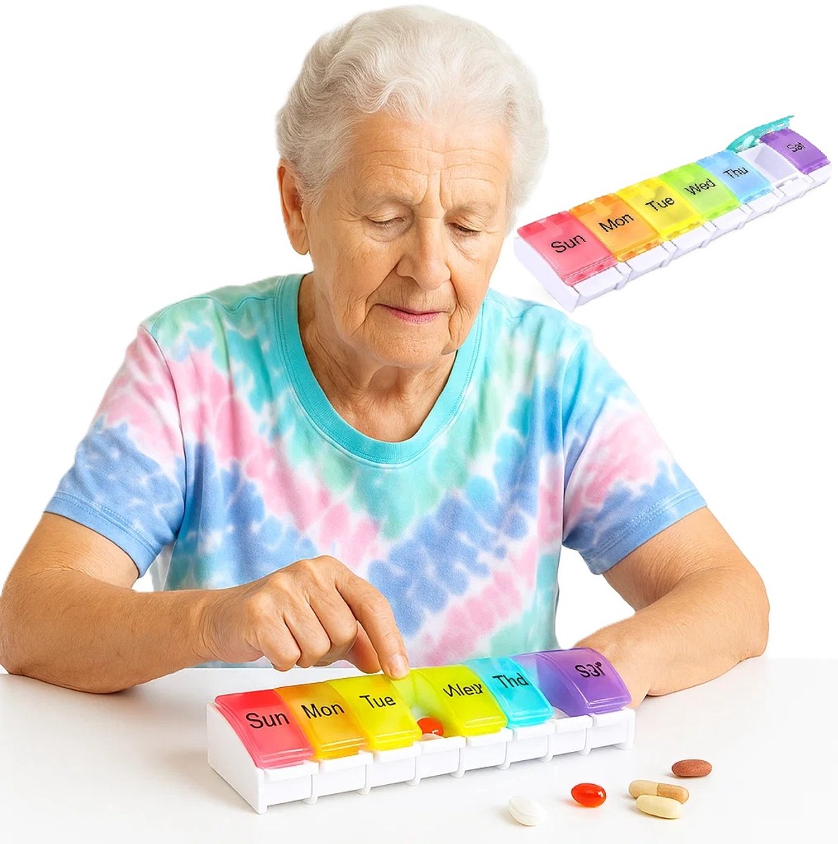 XXL Pill Box | Small Pill Box | Medicine Box | Pill Box | Sunday to Saturday | 7 Days | 1 Week | Push Button | Multicolor - Image 1