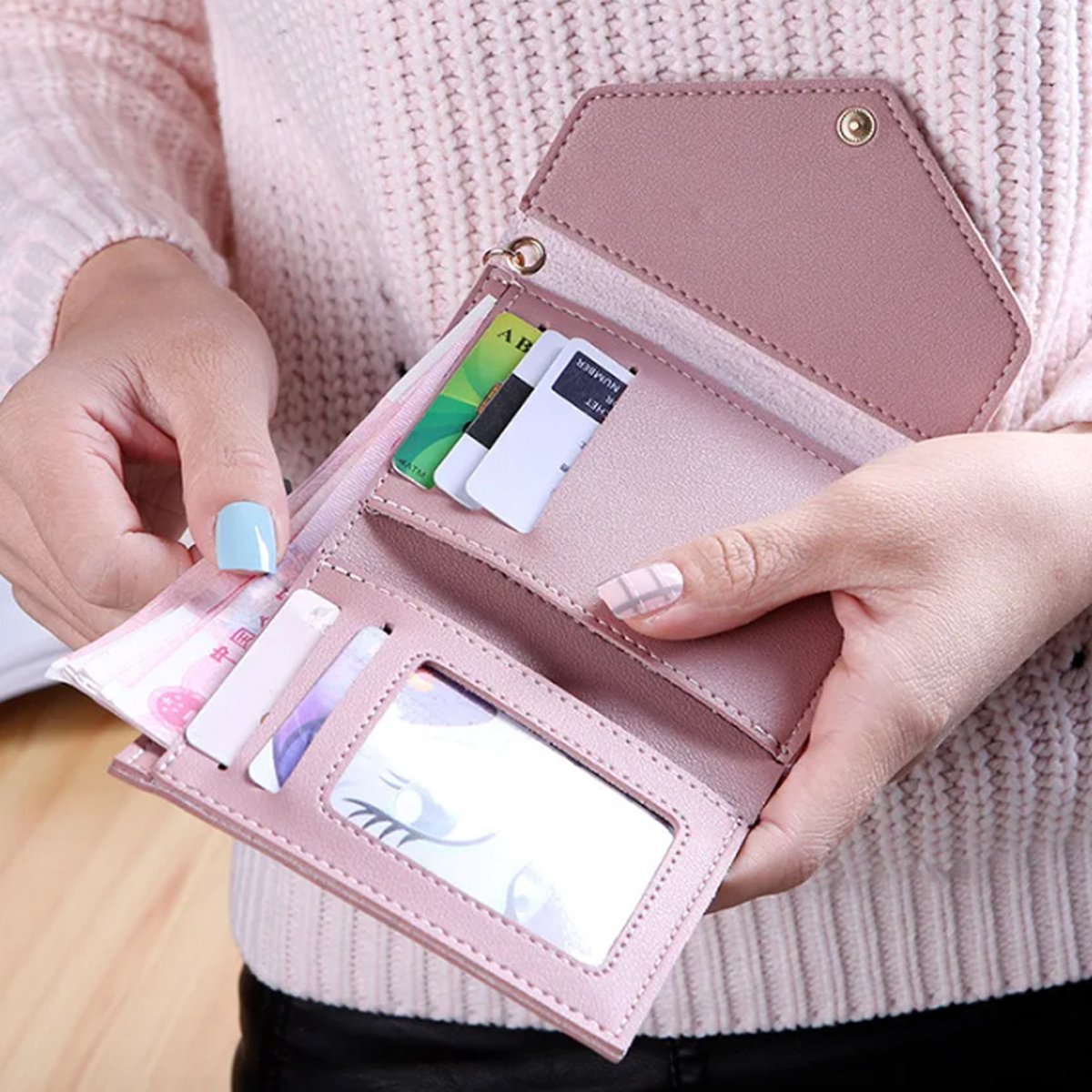 Wallet & Card Holder in 1 | Credit Card Holder | With Cash Compartment | Card Holder | Wallet | PU Leather | Pink - Image 4