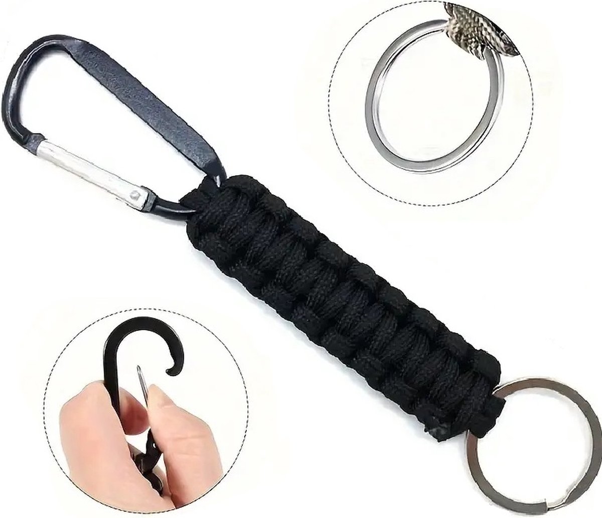 Paracord Survival Keychain with Carabiner | Emergency Kit | Extra Strong | Black - Image 1