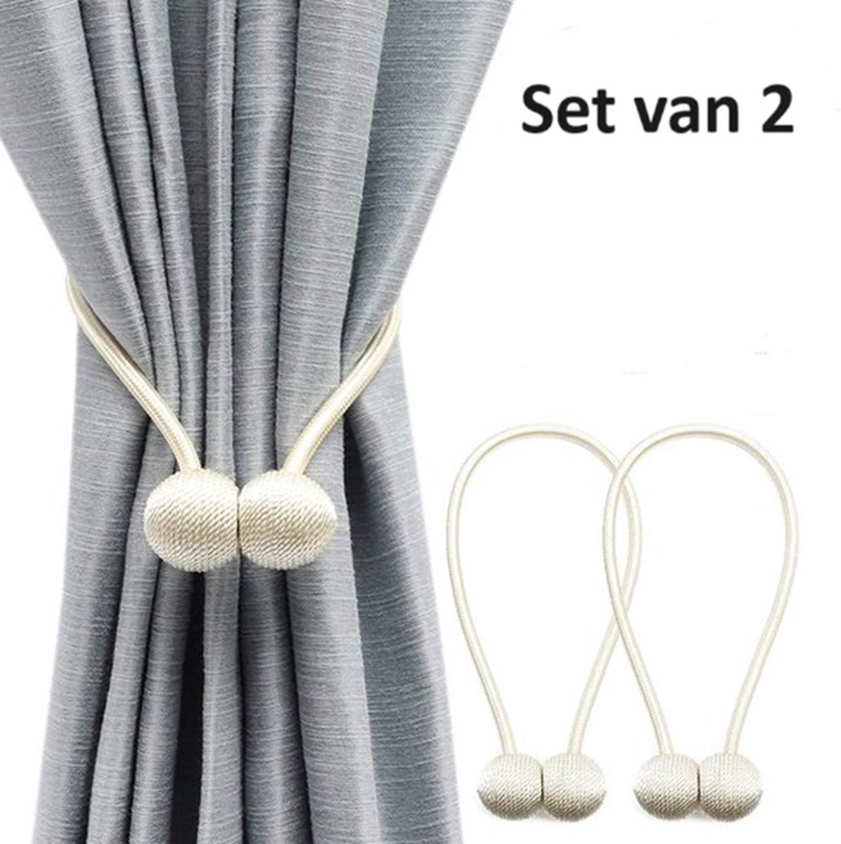 Set of 2 Magnetic Curtain Holders | Curtain Tieback | Curtain Holder | Magnetic Curtain Cord | Curtain Buckle | Universal | Beige - Image 1