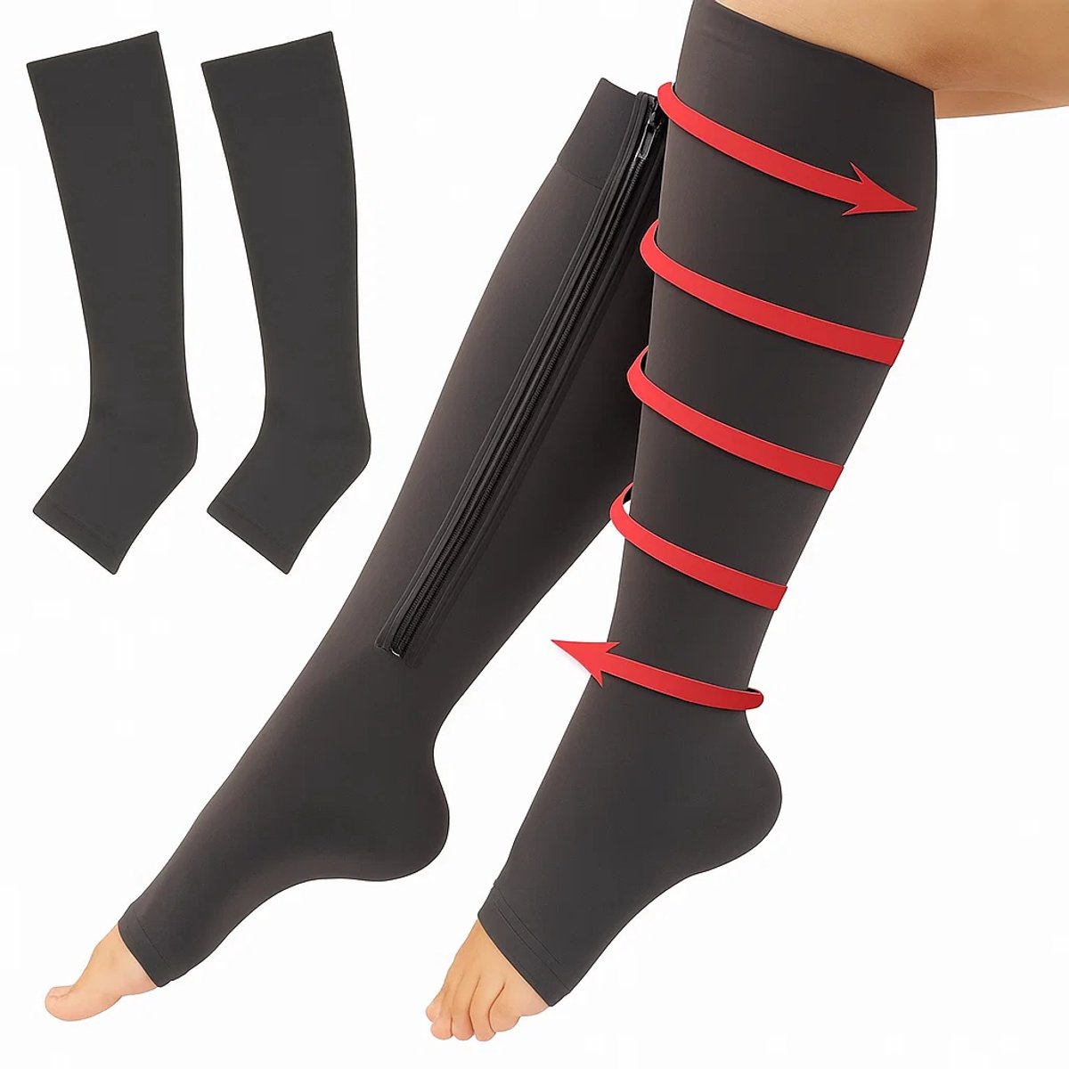 Duo Pack Compression Socks With Zipper | Compression Socks | Support Socks | Airplane Socks | Anti-Fatigue | Size L/XL (40-45) | Black - Image 1