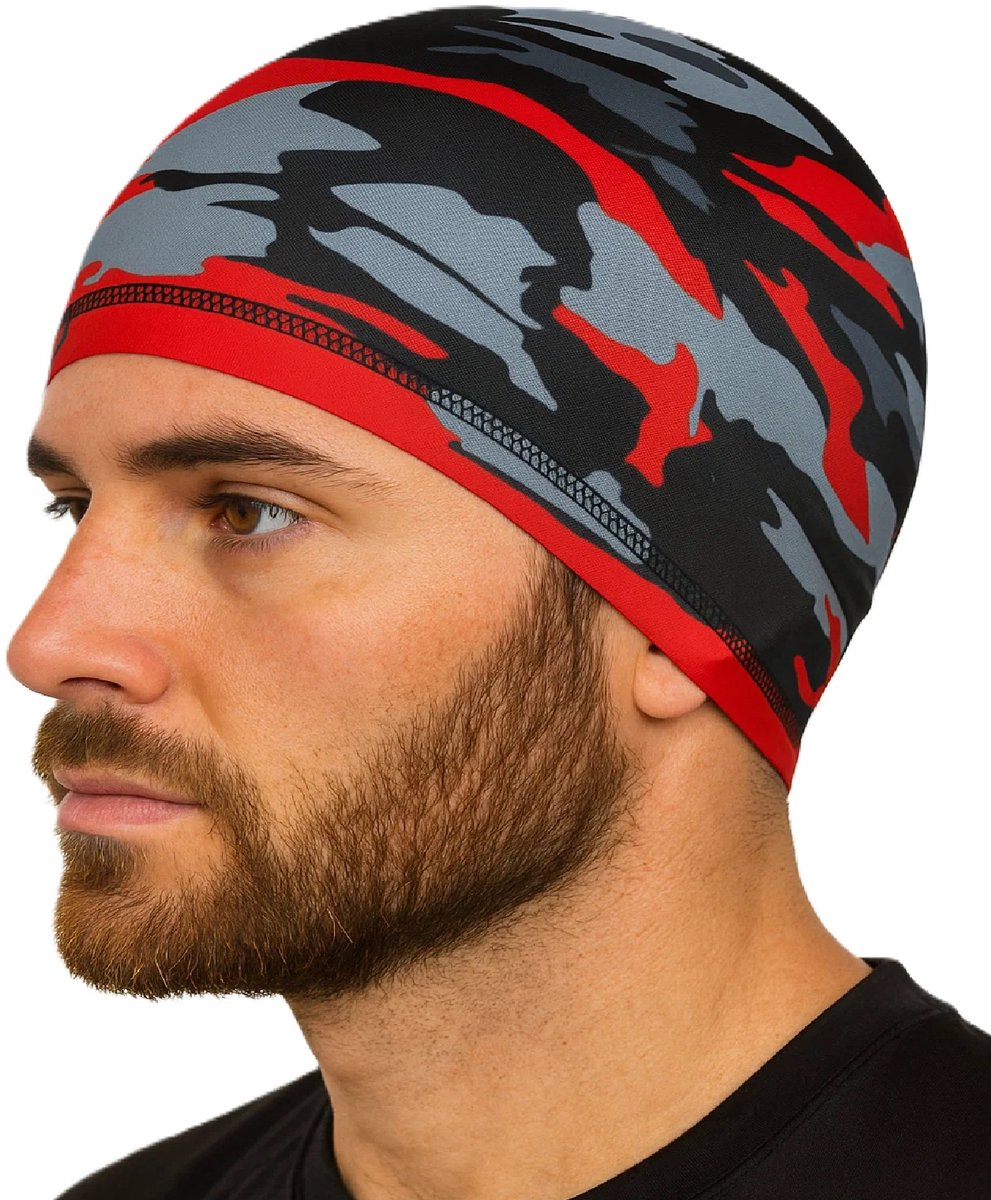Motorcycle Beanie | Camouflage Cycling Beanie | Helmet Beanie | Bandana | Ventilated | Motorcycle Accessories | Helmet Hair Cap | Camo/Red - Image 1