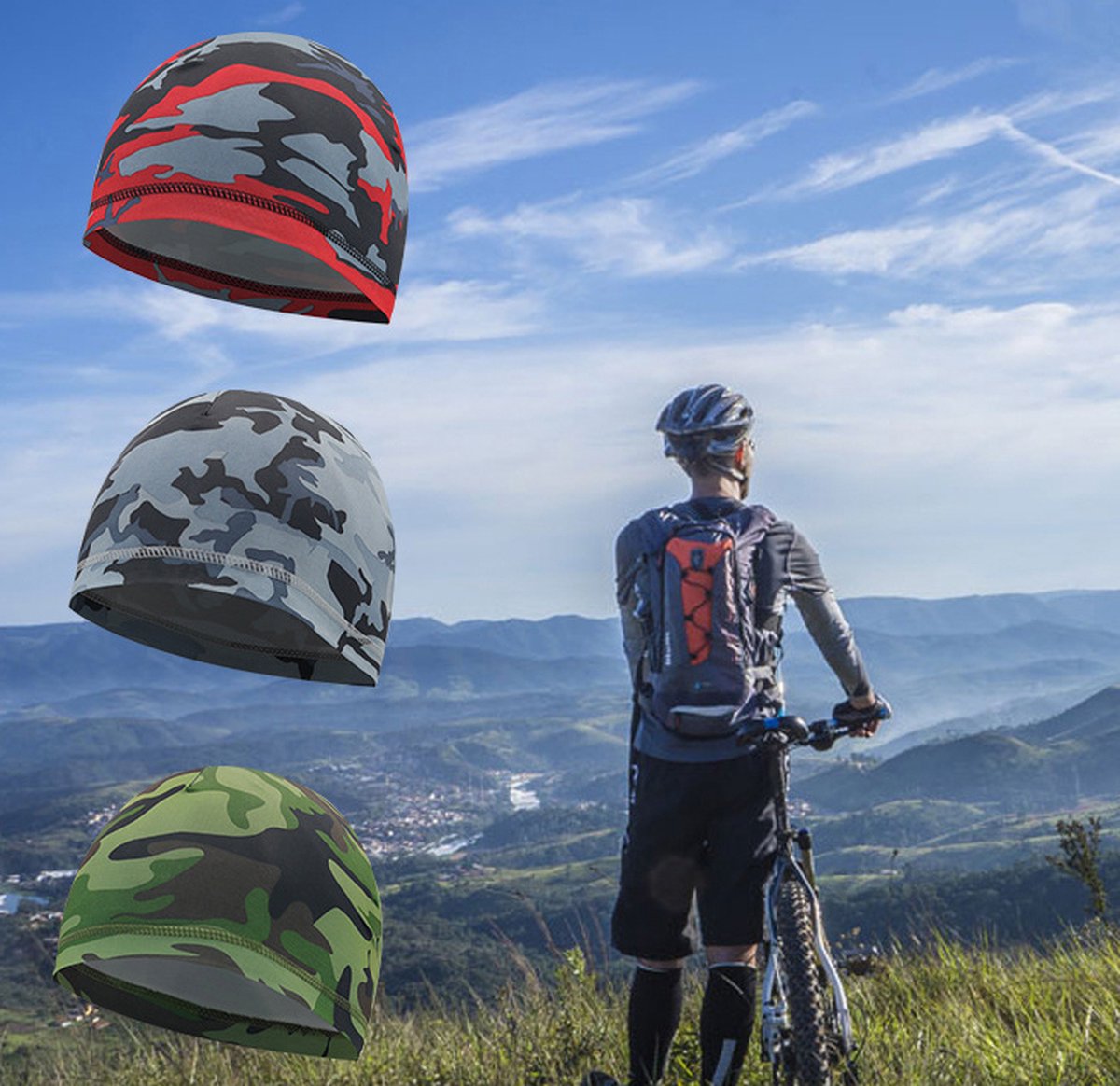 Motorcycle Beanie | Camouflage Cycling Beanie | Helmet Beanie | Bandana | Ventilated | Motorcycle Accessories | Helmet Hair Cap | Camo/Red - Image 3