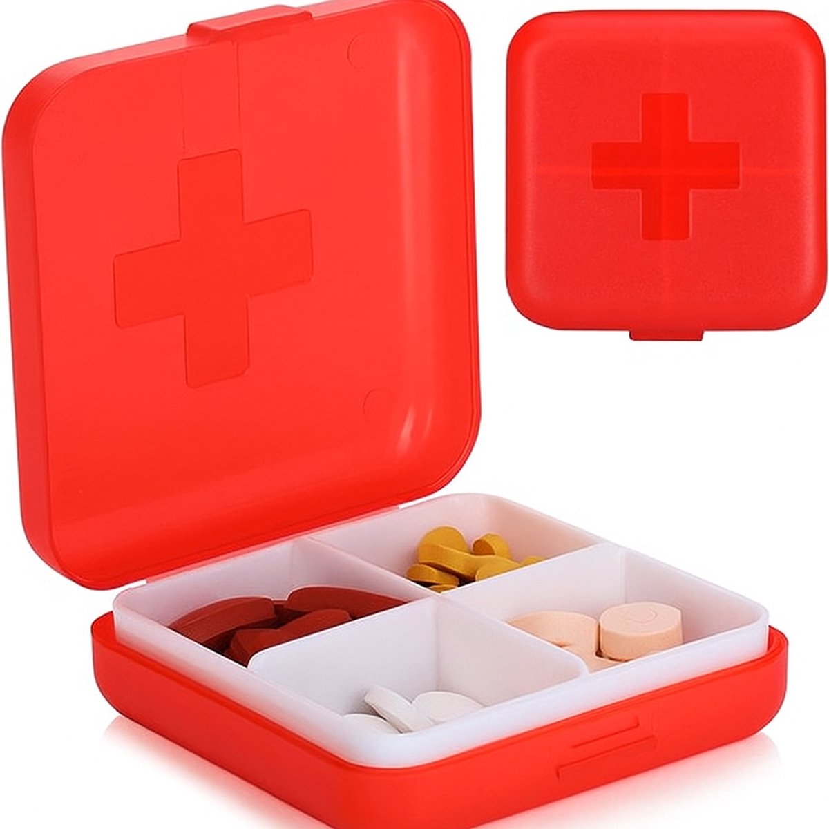 Medicine box | Pill box | Pill case | 4 compartments | Sealed | Red - Image 1