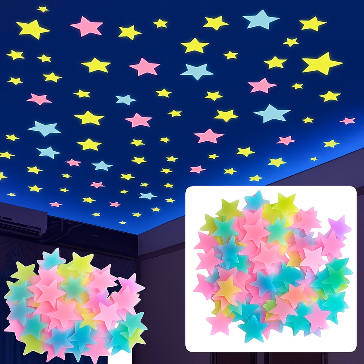 Star Glow In Dark Wall Stickers 100 Pieces | Luminous Star Wall Stickers | Multicolored Stars | PVC | Multicolor - Image 1