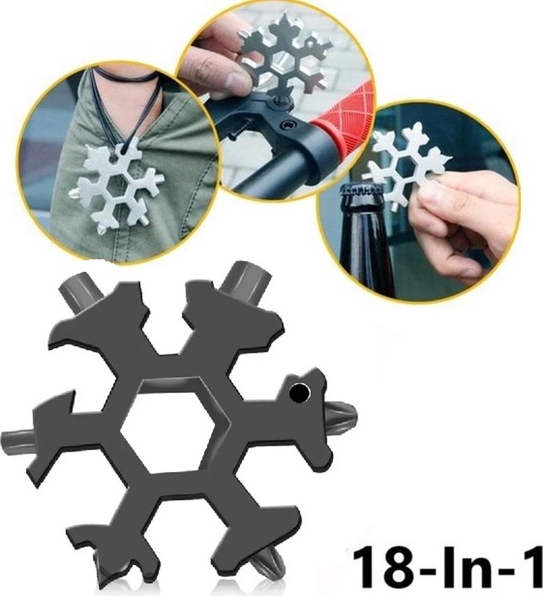 18 in 1 Multipocket Tool | 18 Functions | Stainless Steel | Multitool Keychain | Bicycle Tools | Snowflake | Black - Image 1