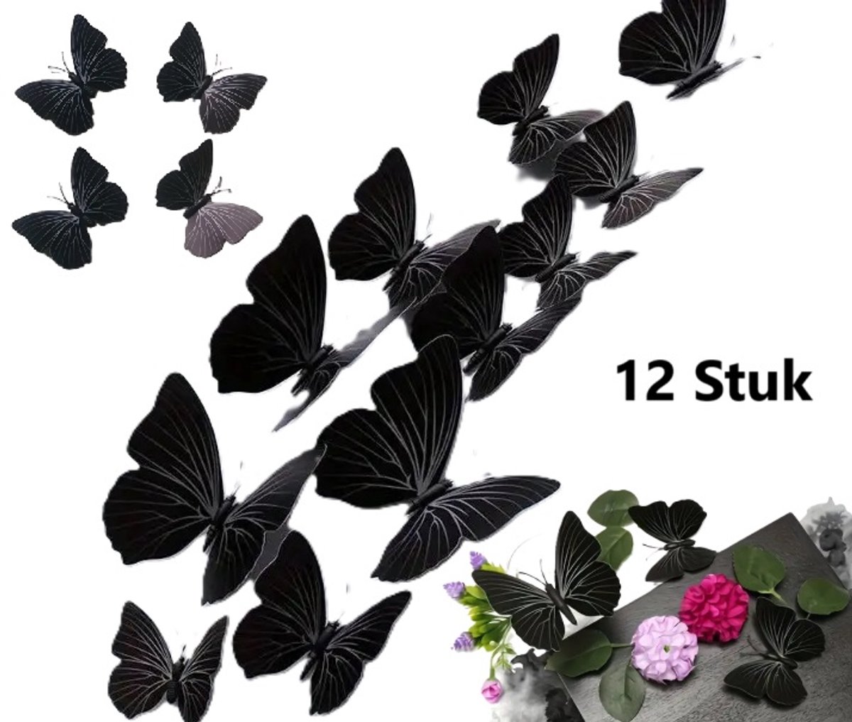 Set of 12 3D Butterfly Wall Decoration | Wall Butterflies | Nursery Decoration | Foldable Wall Stickers | Butterfly Wall Stickers | Black - Image 1