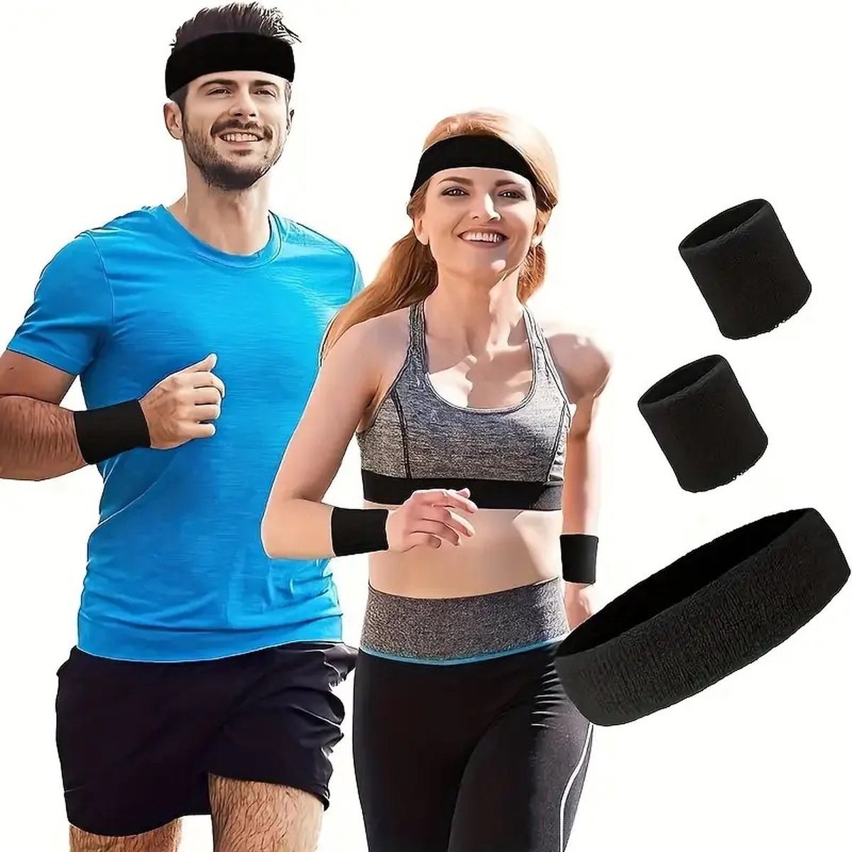 Set of Headband and 2x Wristbands Set | Sweatband | Sweatbands | Head and Wrist | Sports Bands | Black - Image 1