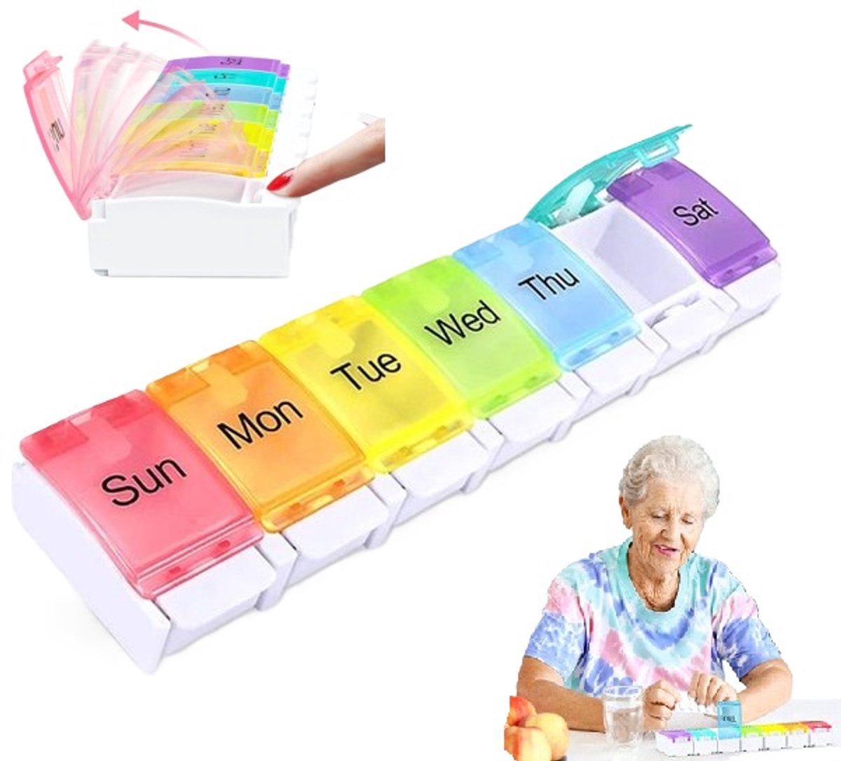 Pill Box | Pill Box | Medicine Box | Pill Box | Sunday to Saturday | 7 Days | 1 Week | Push Button | Multicolor - Image 1