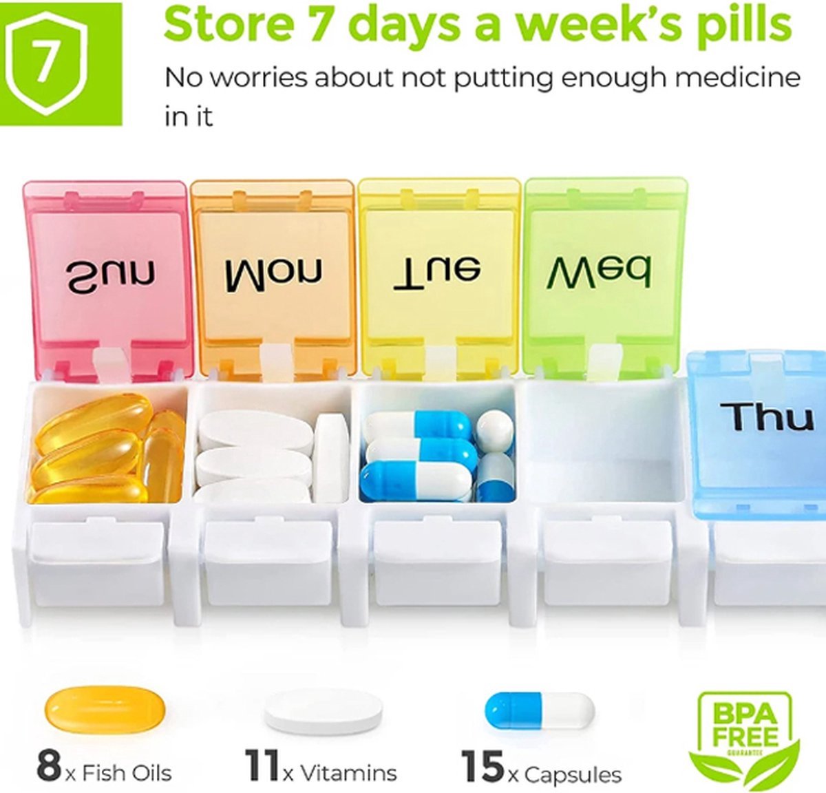 Pill Box | Pill Box | Medicine Box | Pill Box | Sunday to Saturday | 7 Days | 1 Week | Push Button | Multicolor - Image 2