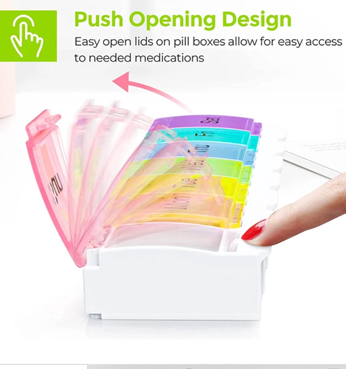 Pill Box | Pill Box | Medicine Box | Pill Box | Sunday to Saturday | 7 Days | 1 Week | Push Button | Multicolor - Image 4