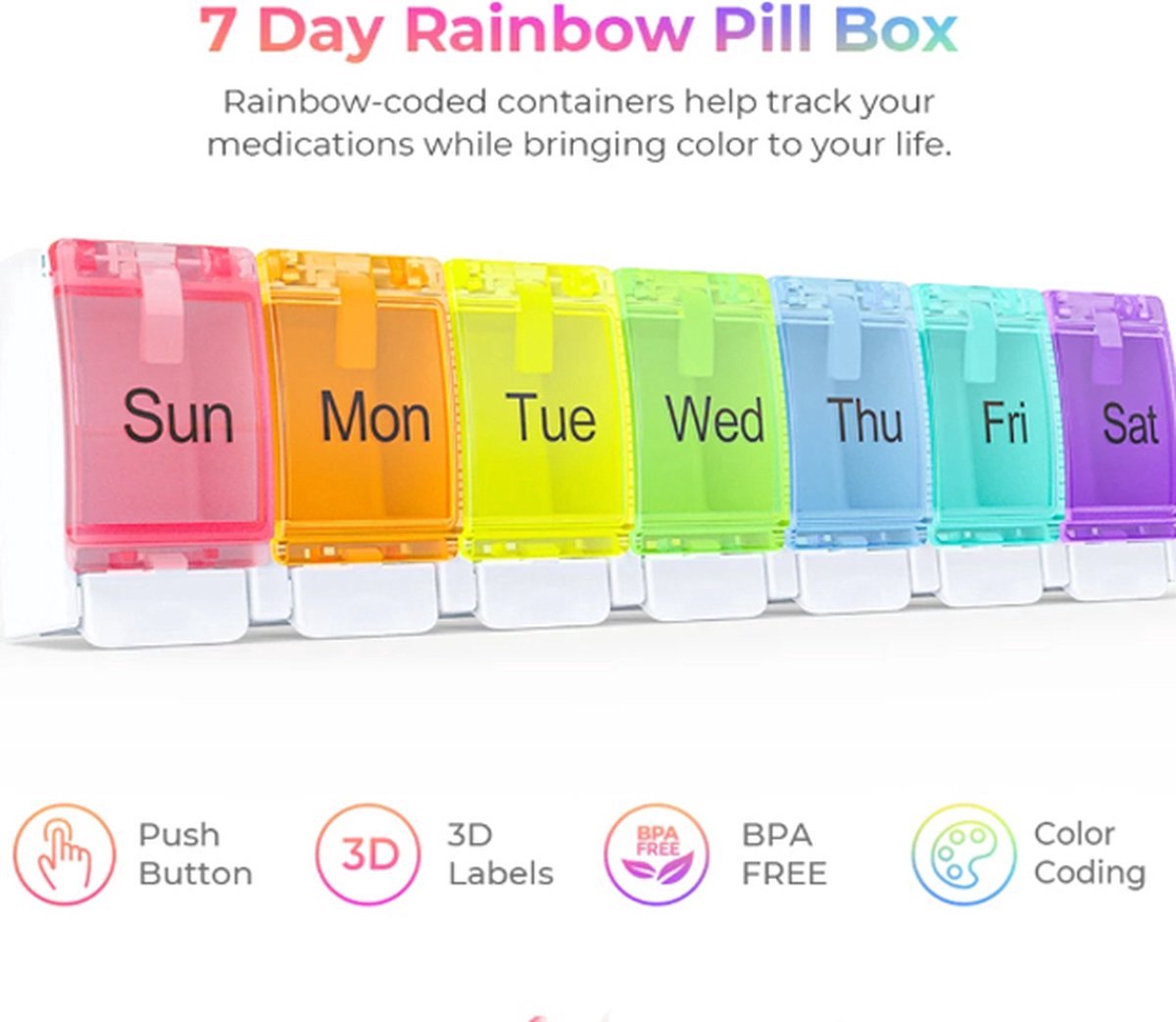 Pill Box | Pill Box | Medicine Box | Pill Box | Sunday to Saturday | 7 Days | 1 Week | Push Button | Multicolor - Image 5