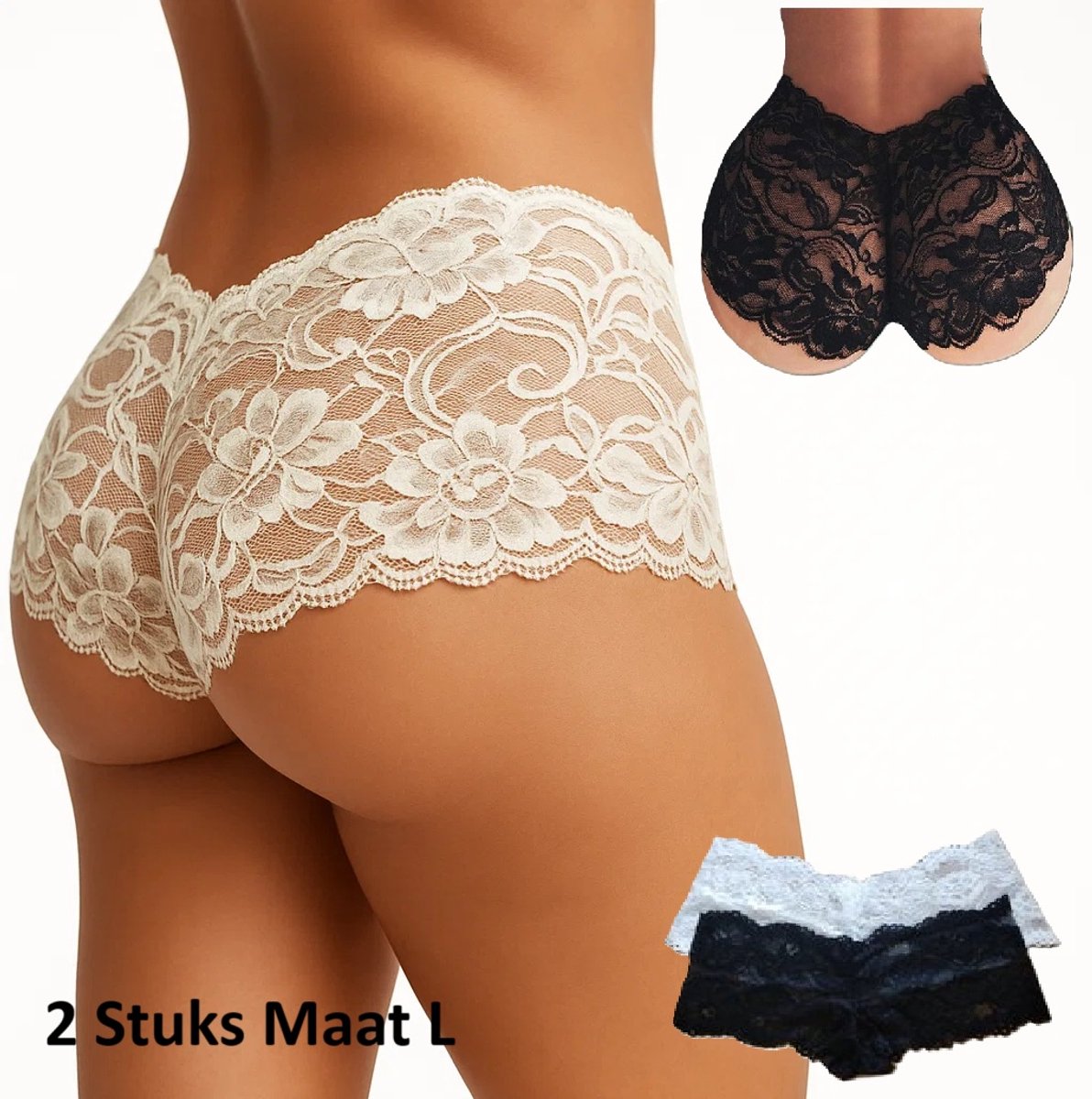 Set of 2 Sexy Lace Panties with Floral Pattern | 1 x Black & 1 x White | Erotic Underwear | Sexy Thong | Size L - Image 1