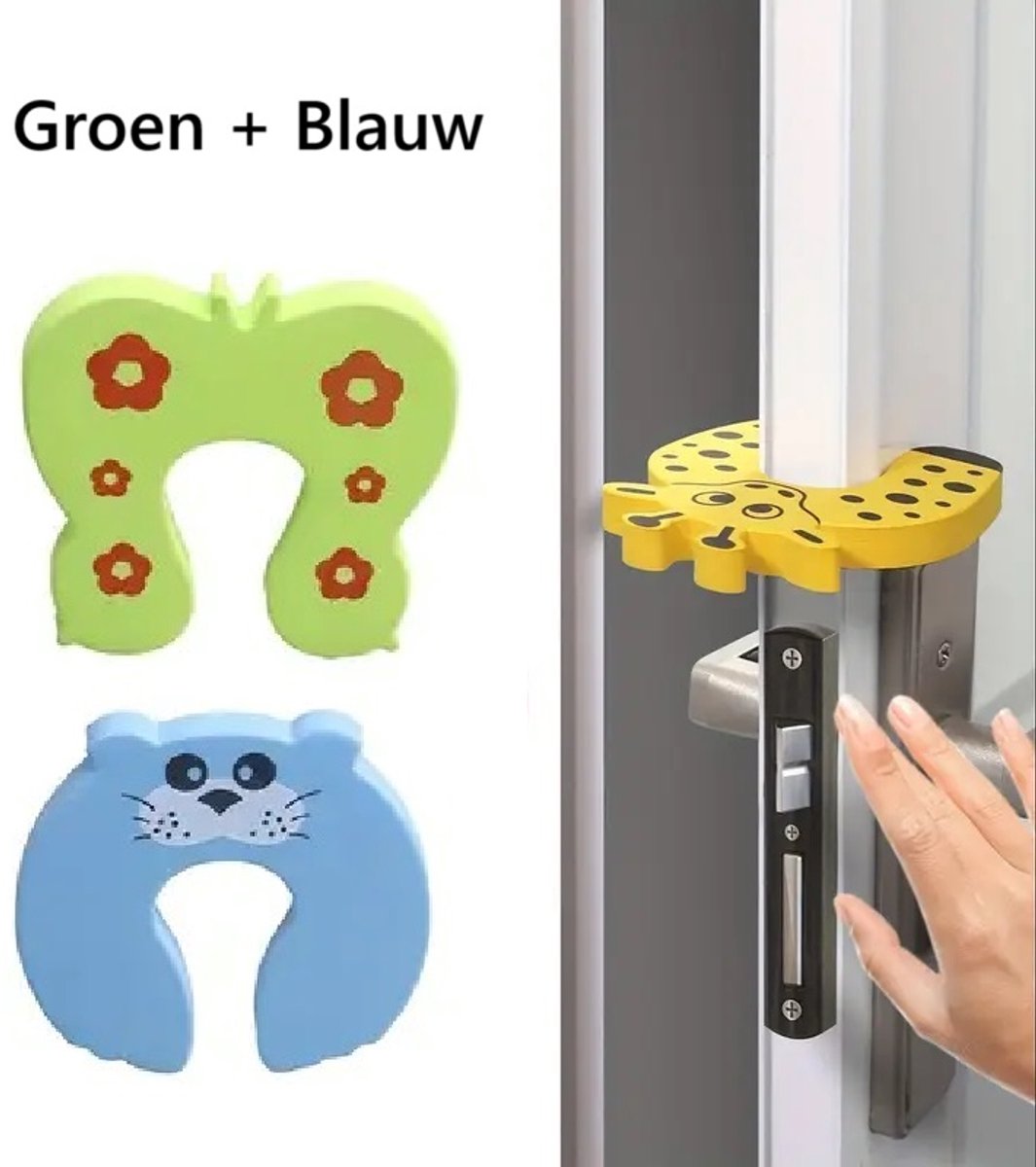 Animal Door Stoppers | Baby and Child Door Protectors | Door Protection | Foam | Animal Door Stopper | 2 Pieces | Green + Blue - Image 1