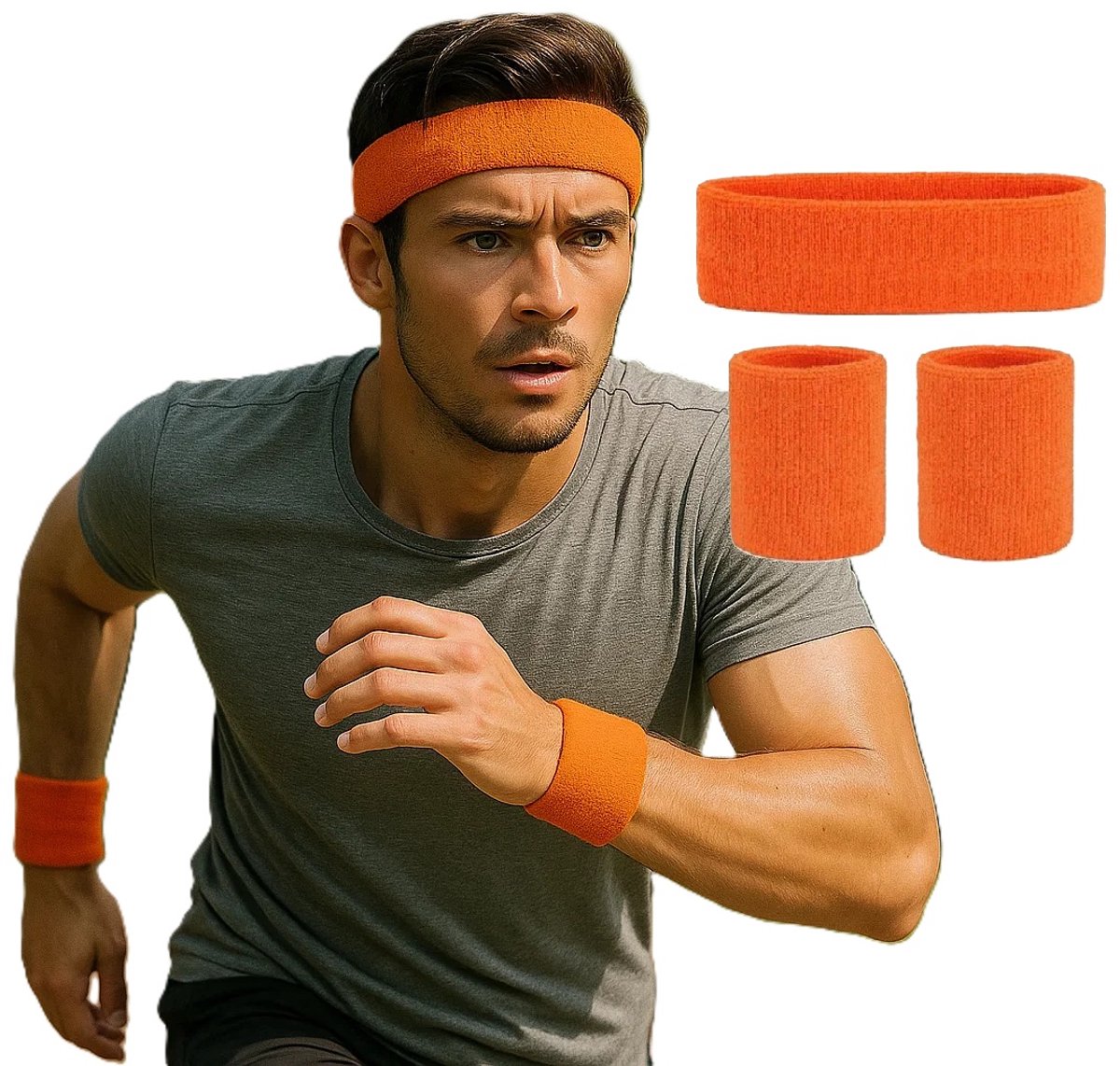 Headband & 2x Wristband Set | Sweatband | Sweatbands | Head and Wrist | Sports Bands | Orange - Image 1