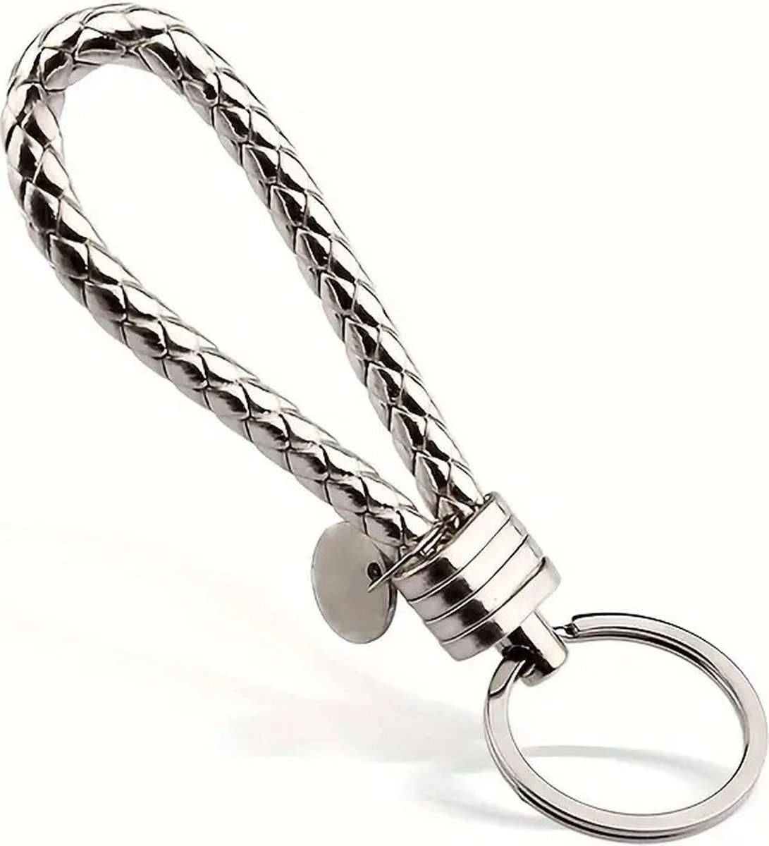 Luxury PU Leather Keychain | Key Holder | Woven Keychain | Universal | Silver - Image 1