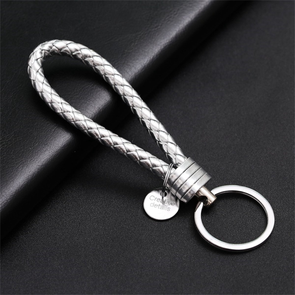 Luxury PU Leather Keychain | Key Holder | Woven Keychain | Universal | Silver - Image 2