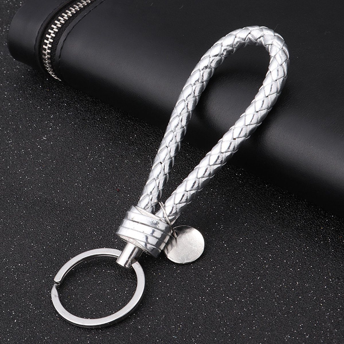 Luxury PU Leather Keychain | Key Holder | Woven Keychain | Universal | Silver - Image 4