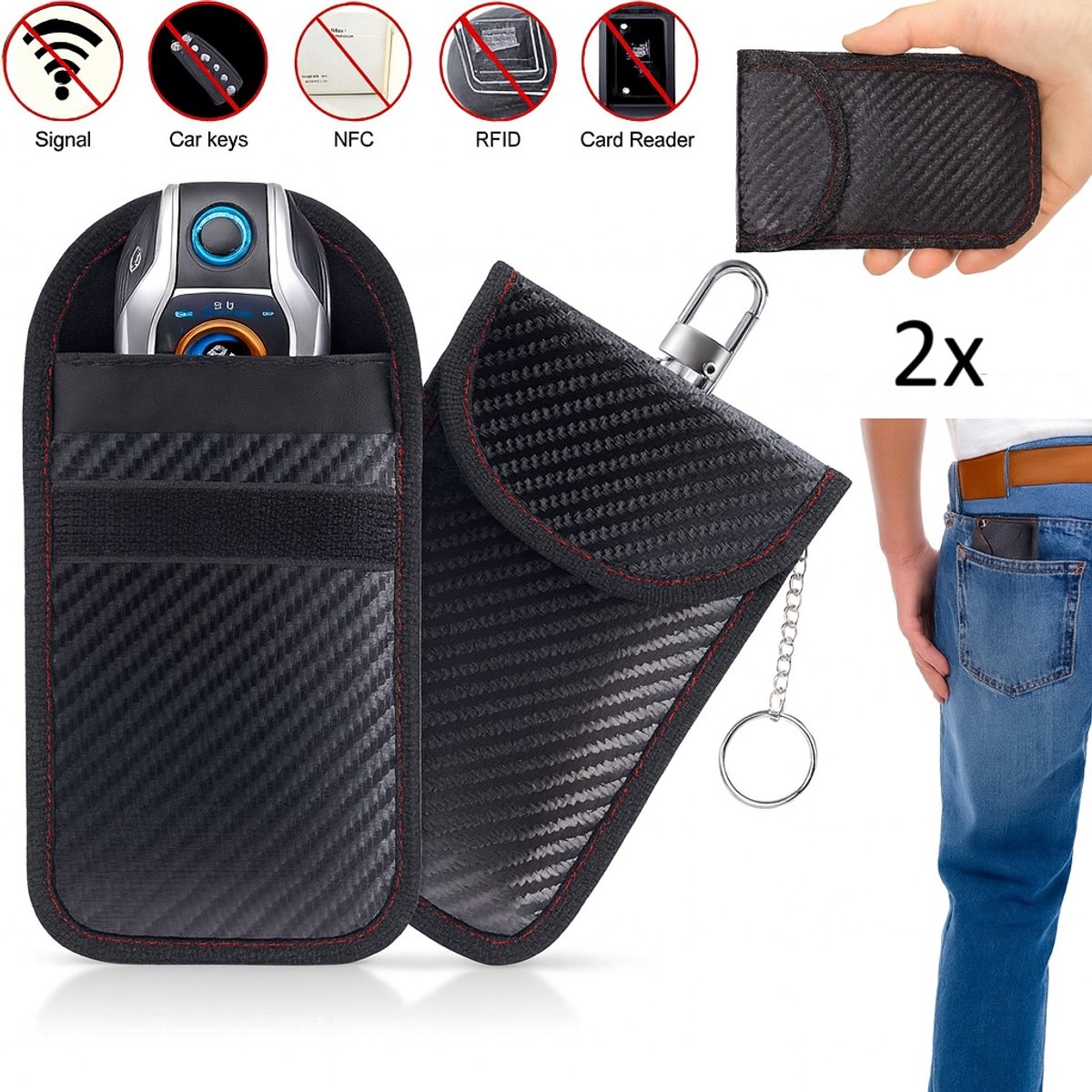 2x RFID Anti-theft Protective Case for Car Key | Carbon Keyless Entry Protective Case | With Hook - Image 1