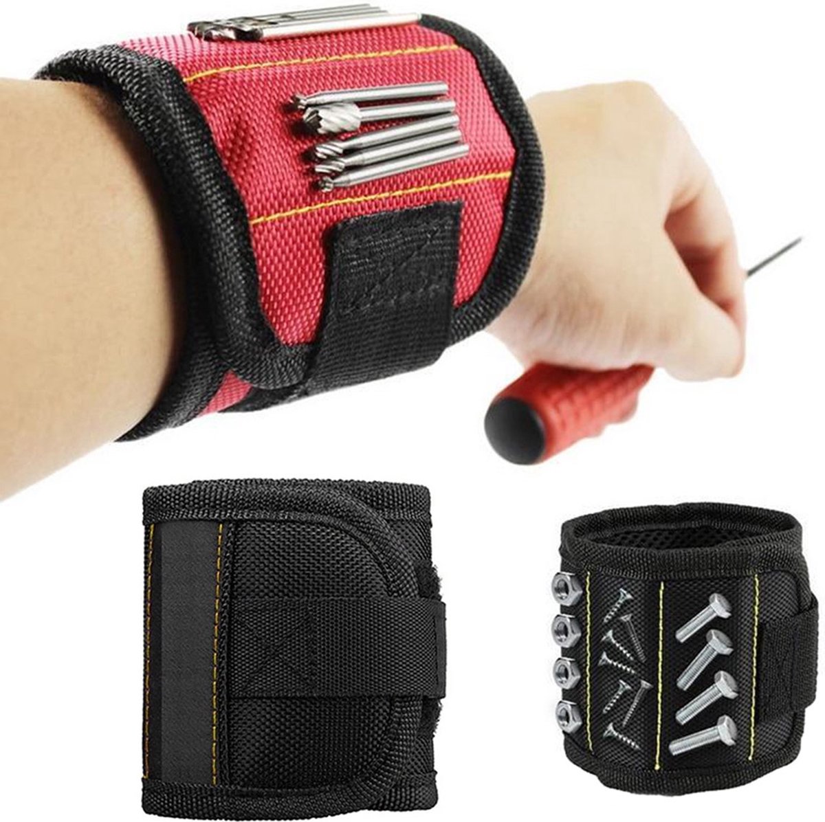 Magnetic Bracelet With 3 Magnetic Pockets | Wrist Tool Belt | Screw Wristband | DIY Bracelet | One Size | Black - Image 3