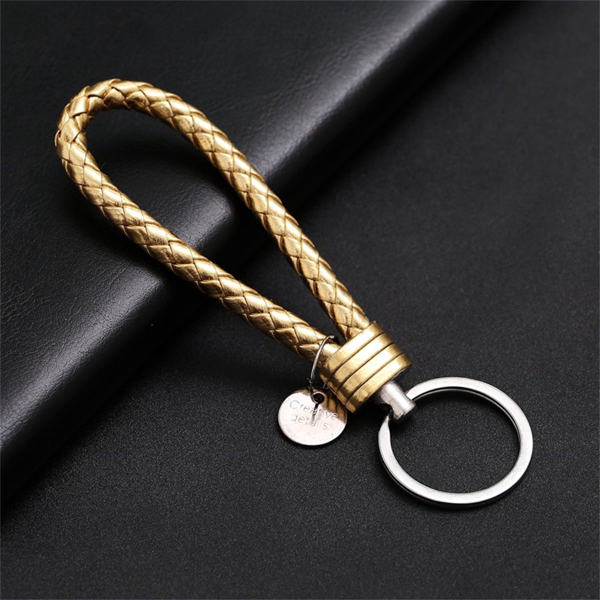 Luxury PU Leather Keychain | Key Holder | Woven Keychain | Universal | Gold - Image 2