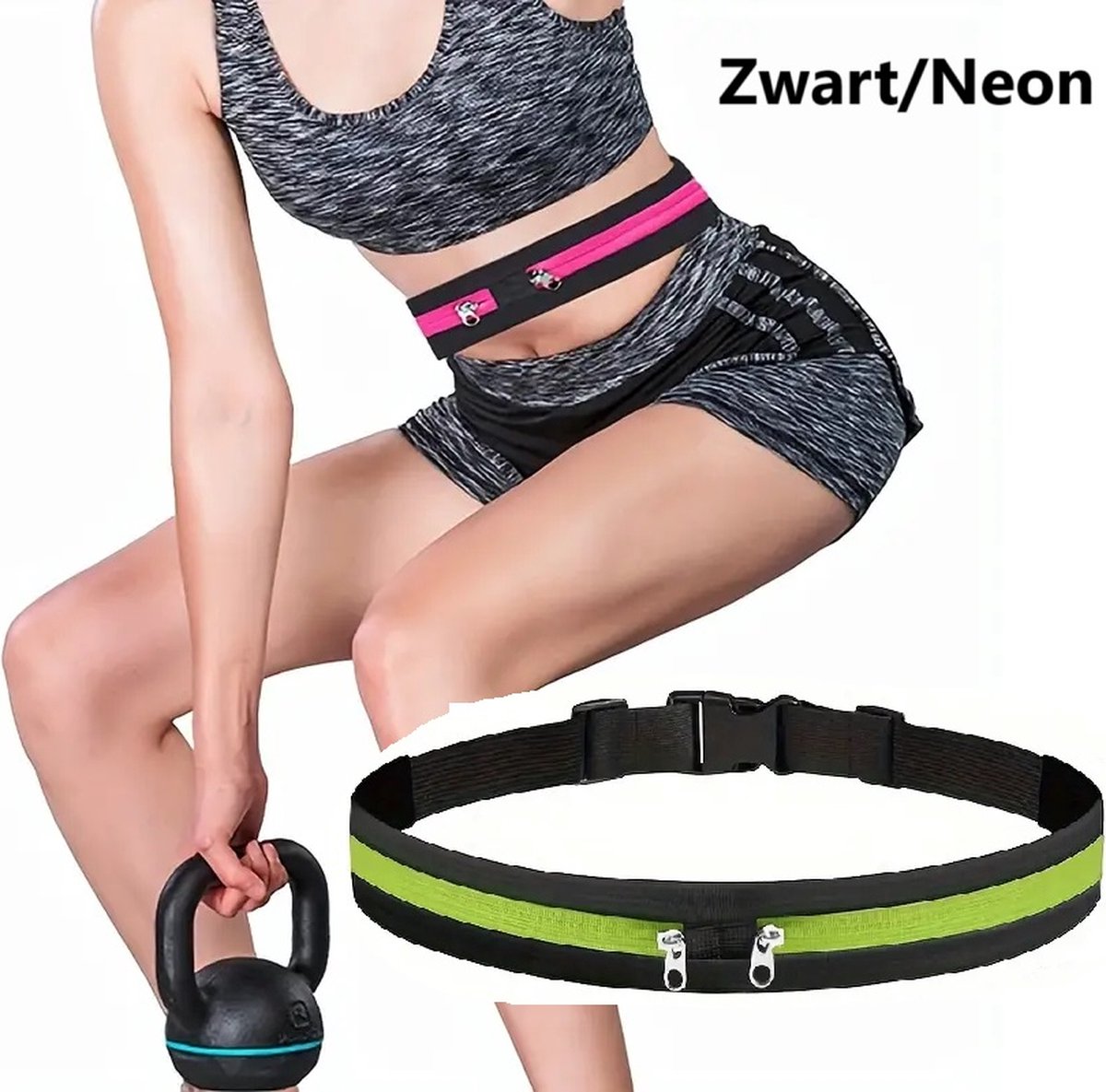 Women's Running Belt | Waist Bag | Elastic Waist Bag | Sports Bag | Running Bag | Fanny Pack | Zip Pouch | Black/Neon Green - Image 1