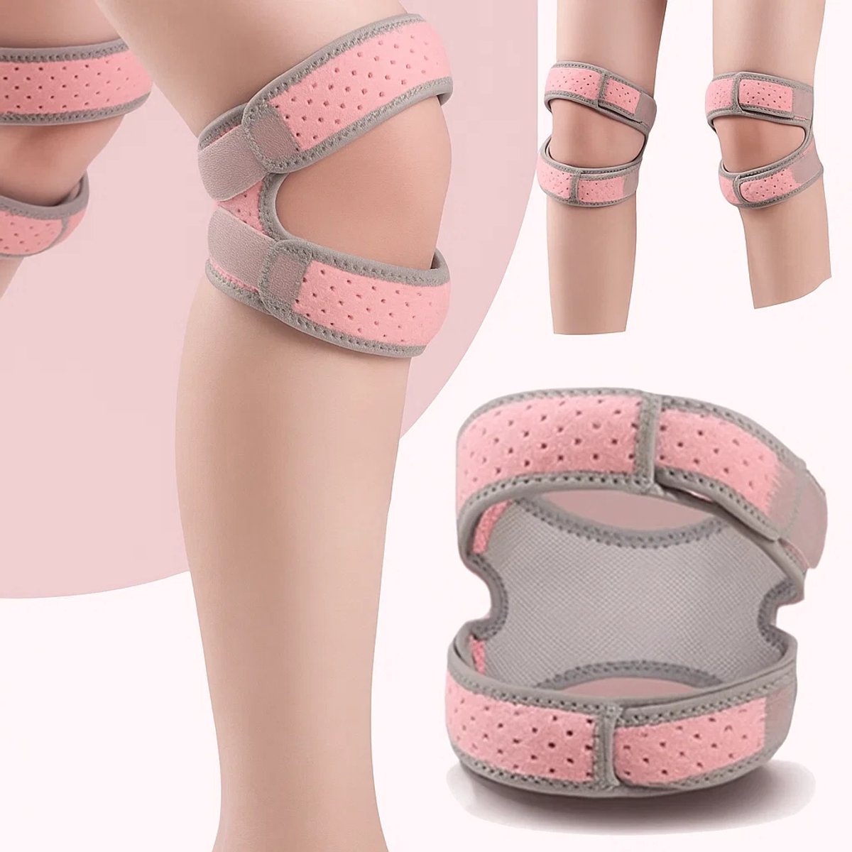 Double Patella Knee Brace | Patella Strap | Knee Support | Knee Protector | Knee Tendon Strap | Knee Bandage | Elastic Bandage | Adjustable | Pink/Gray - Image 1