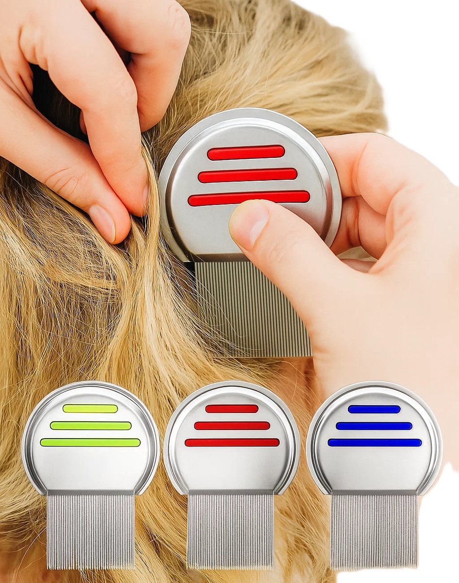 Set of 3 Lice Combs | Lice Brush | Flea Comb | Nits Comb | Dust Comb | Lice Remover | Stainless Steel | Green, Blue & Red - Image 1
