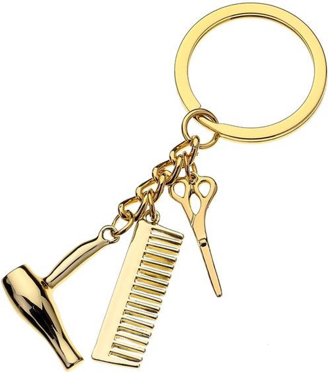 Hairdresser Keychain | Key Holder | Cutting Set Keychain | Scissors, Comb & Hairdryer Keychain | Gold - Image 1