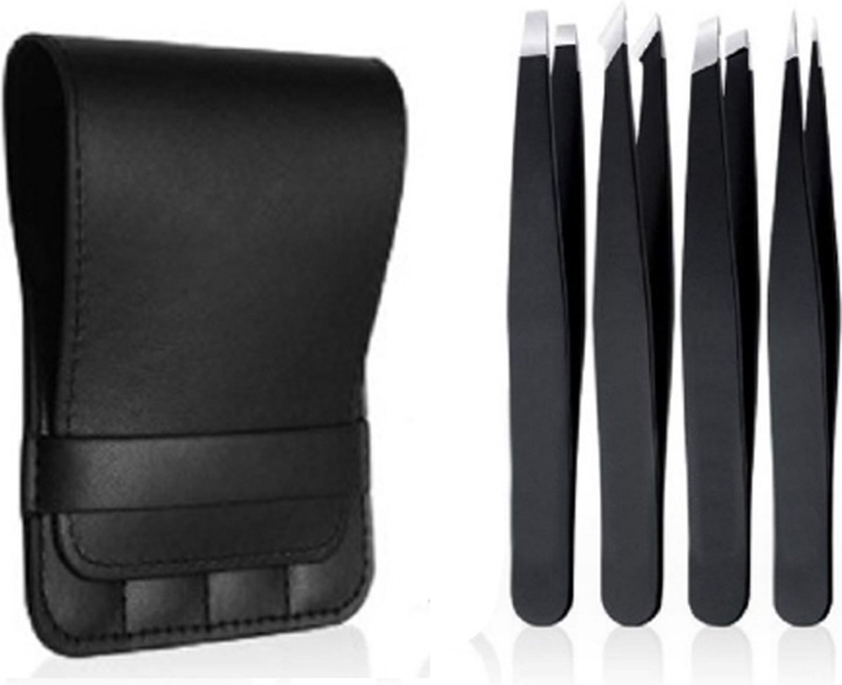 Eyebrow Plucking Tweezers Set | 4-Piece | Tweezers | With Luxury Storage Case | Black - Image 1