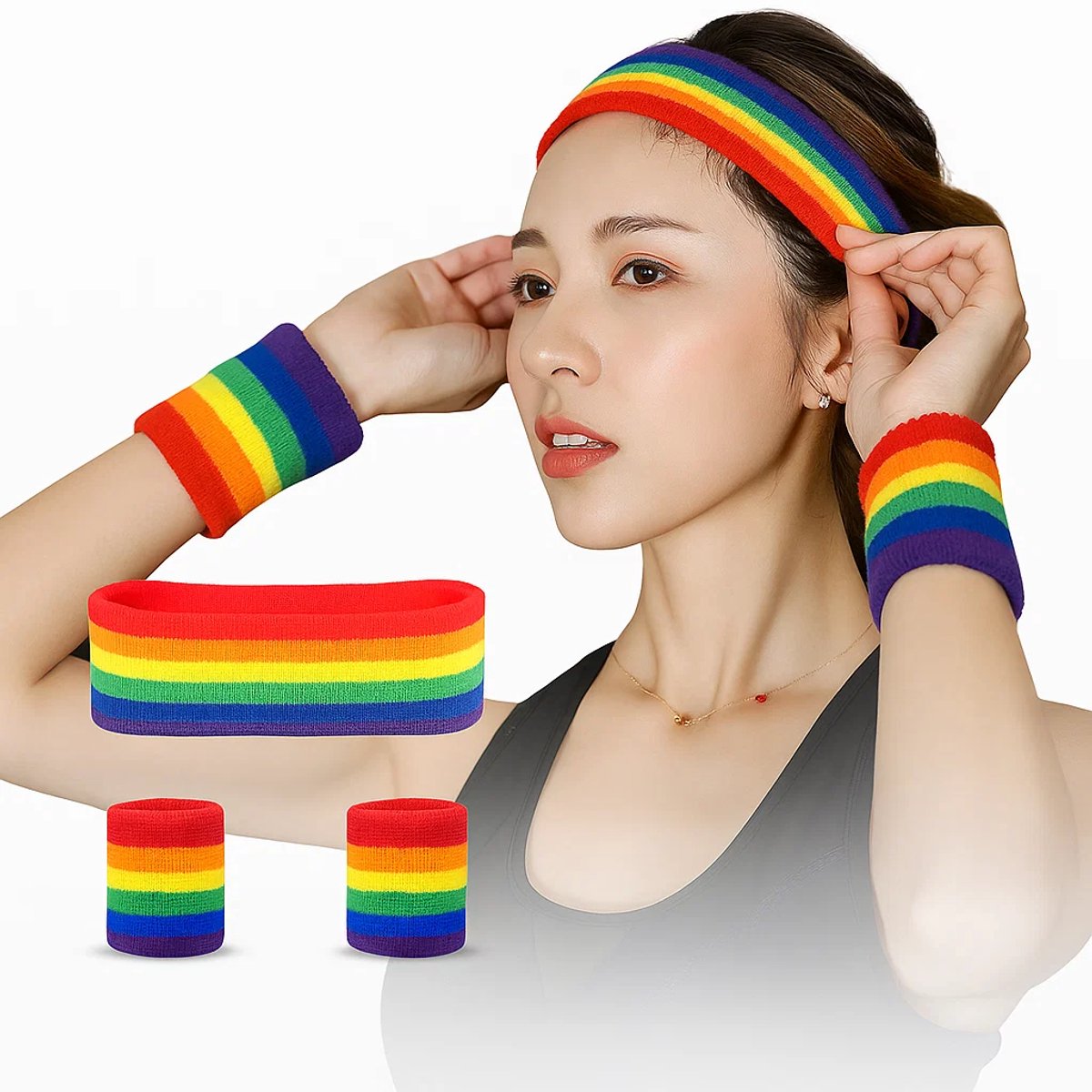 Set of Headband & 2x Wristbands Set | Sweatband | Sweatbands | Head and Wrist | Sports Band | Rainbow - Image 1