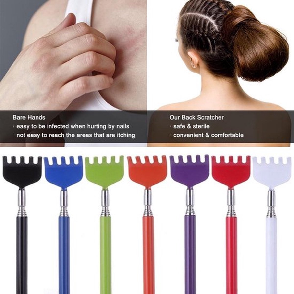 2x Extendable Back Scratcher | Adjustable Back Scratcher | Massage Scratcher | Telescopic Back Scratcher | Up to 56 CM | Stainless Steel | Red - Image 3