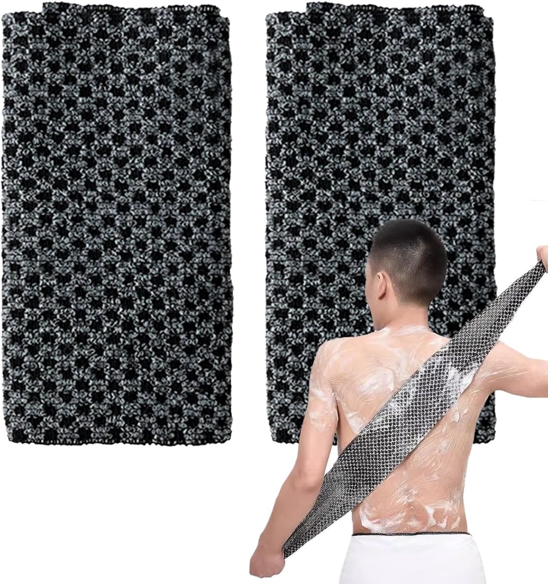 2-piece Japanese back scrubber set, exfoliating shower towel, extra-long exfoliating washcloth for men and women, scrub cloth for body cleansing and massage (black) - Image 1