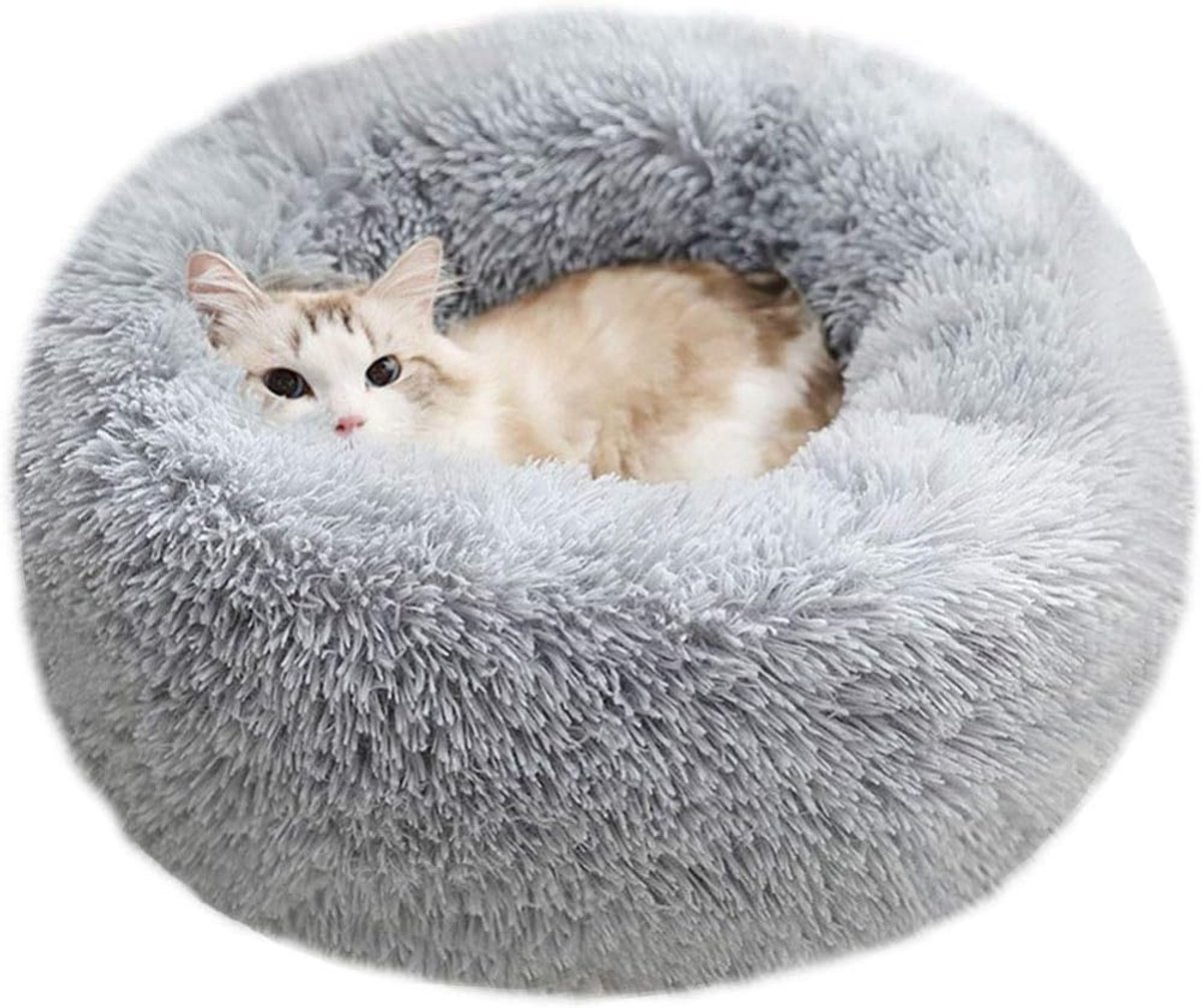 Cat baskets - Washable cat bed 20/24 inch - Dog baskets for small and medium-sized dogs - Anti-anxiety round, soft, plush faux fur dog basket - Thick bottom (light gray, medium) - Image 1