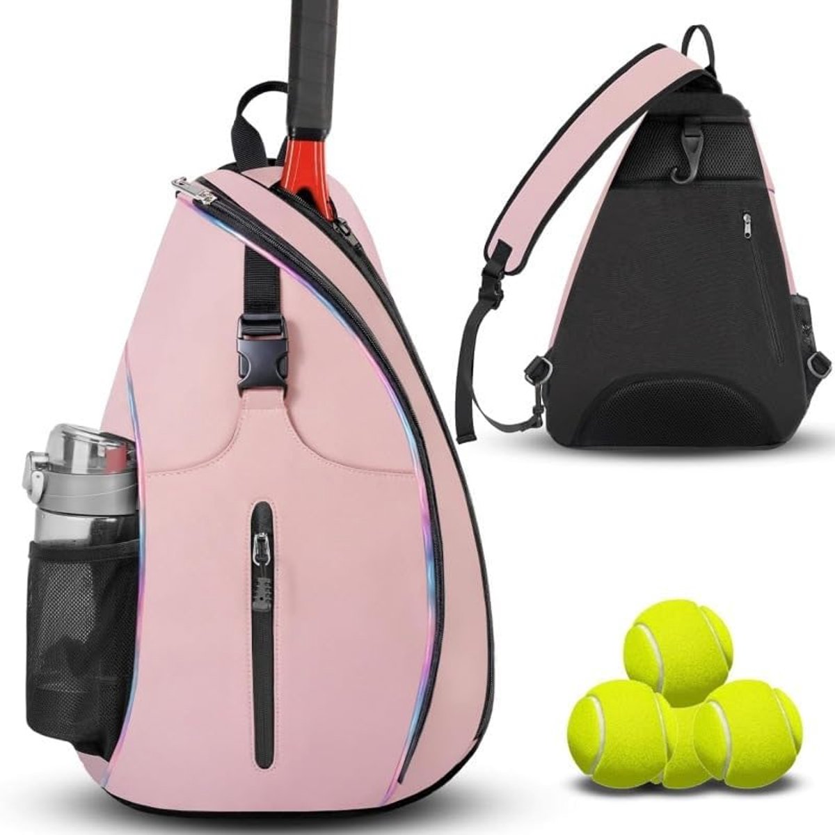 Tennis Sling Backpack - Crossbody Sports Bag - Waterproof Racket Storage - Suitable for Pickleball & Badminton - Unisex Lightweight Design - Pink - Image 1