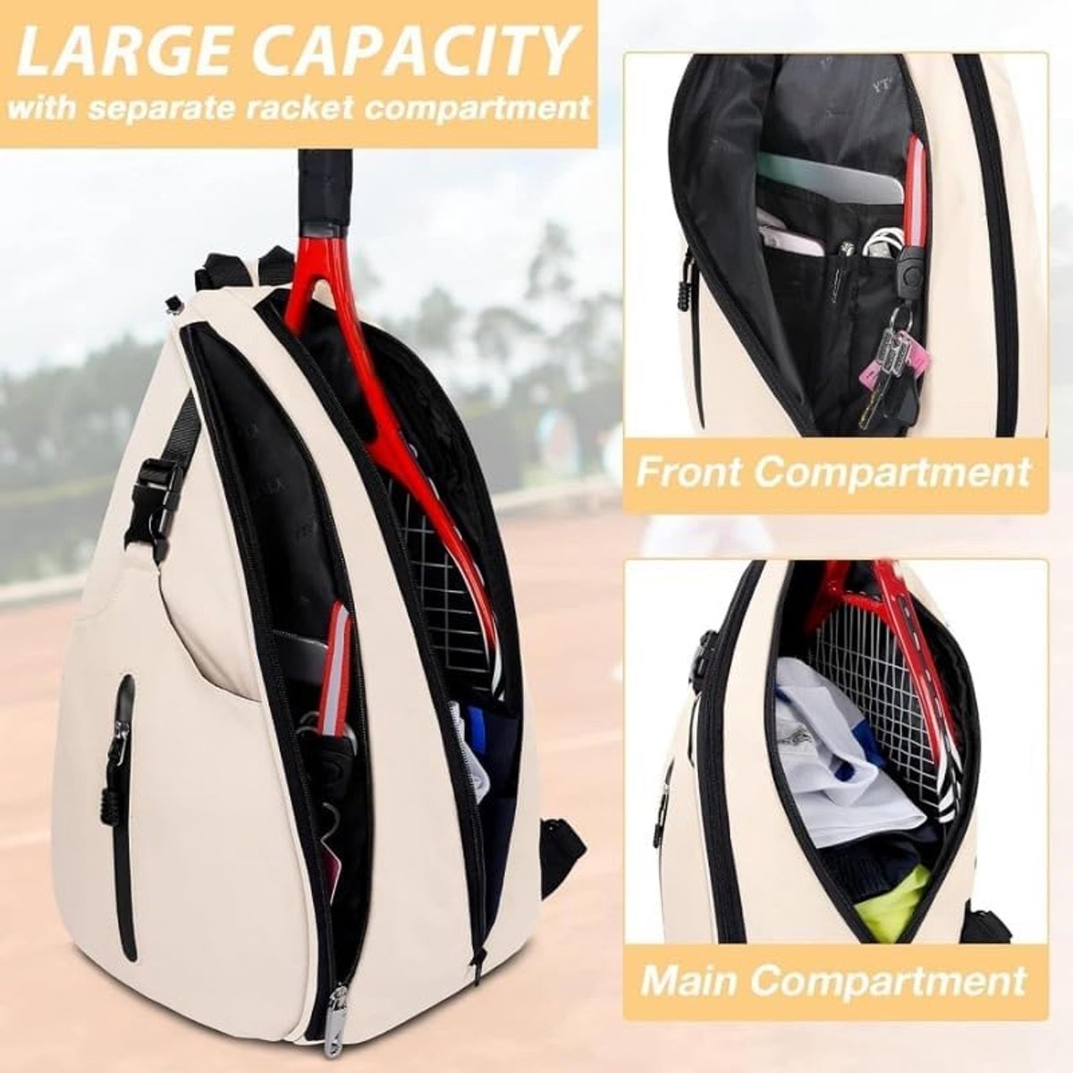 Tennis Sling Backpack - Crossbody Sports Bag - Waterproof Racket Storage - Suitable for Pickleball & Badminton - Unisex Lightweight Design - Pink - Image 4
