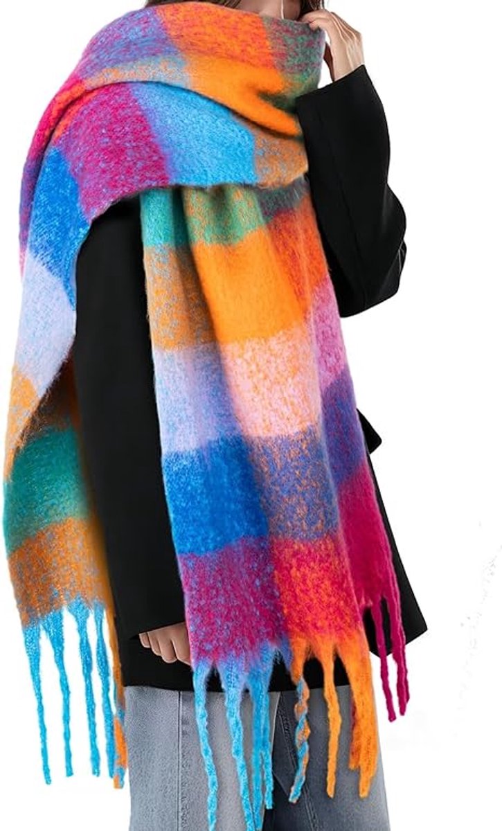 Colorful winter scarf for women - Warm, chunky knit and soft checkered scarf - Blanket scarf - Trendy Christmas gift - Gift for her - Image 1