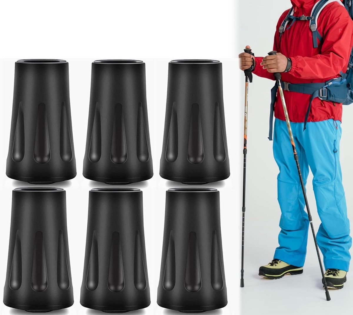 6-pack reinforced trekking pole tips - reinforced rubber tips for trekking poles, walking sticks, and hand trekking poles - universal non-slip replacement tips - Image 1