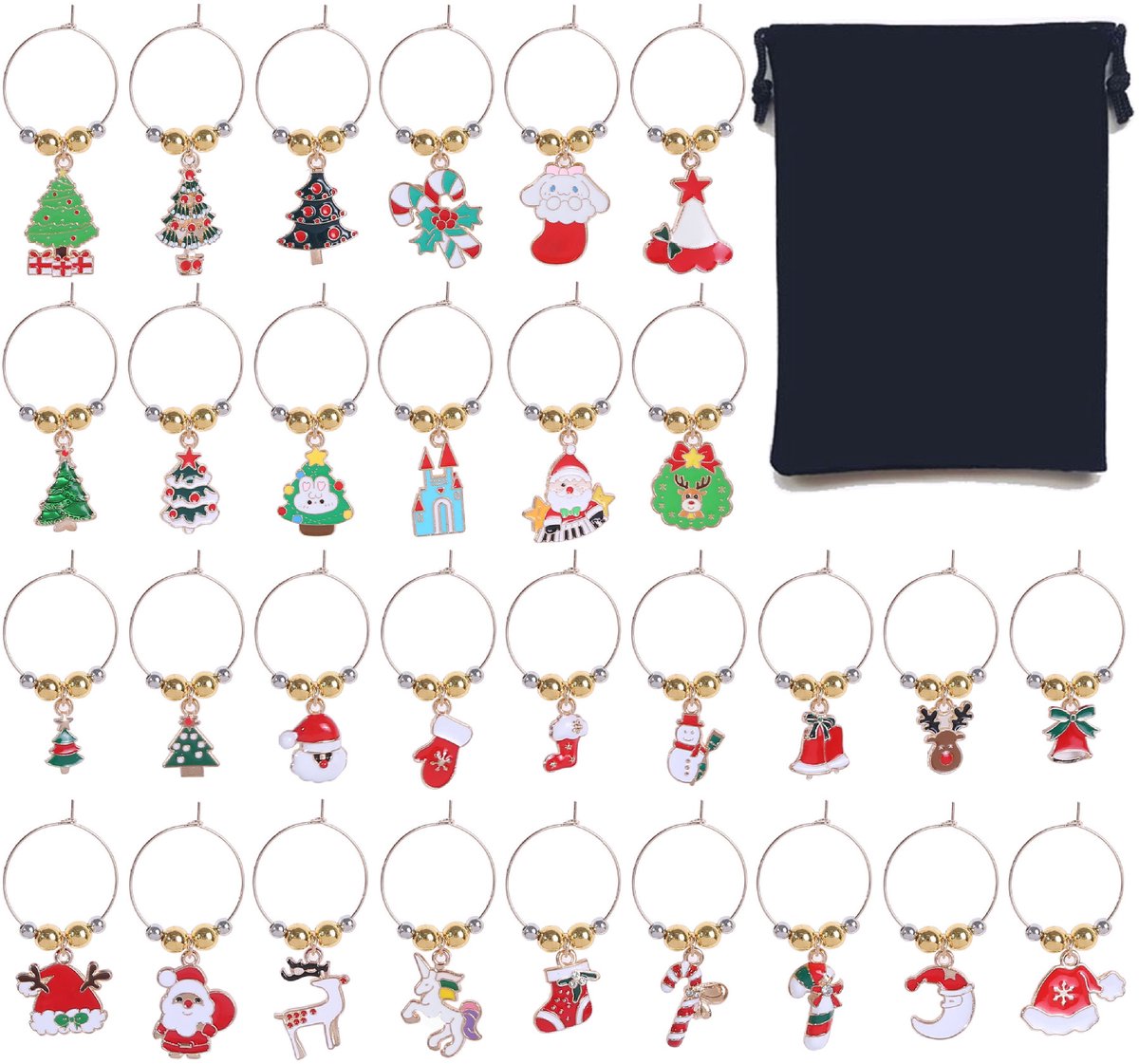 Christmas Wine Glass Charms 30-piece – Identification, holiday theme, drink markers - Image 1