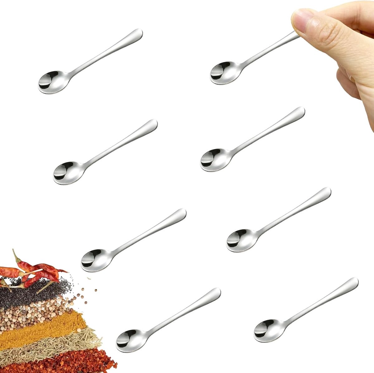 8 Mini Stainless Steel Spice Spoons - 7.3cm - For Salt, Sugar & Honey - Image 1