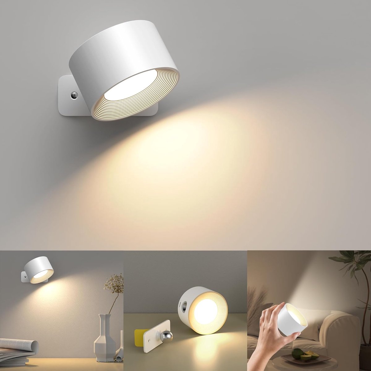 Wireless Rechargeable LED Wall Lamp Indoor White - 3 Colors/3 Brightness Levels - 360° Rotatable - Image 1