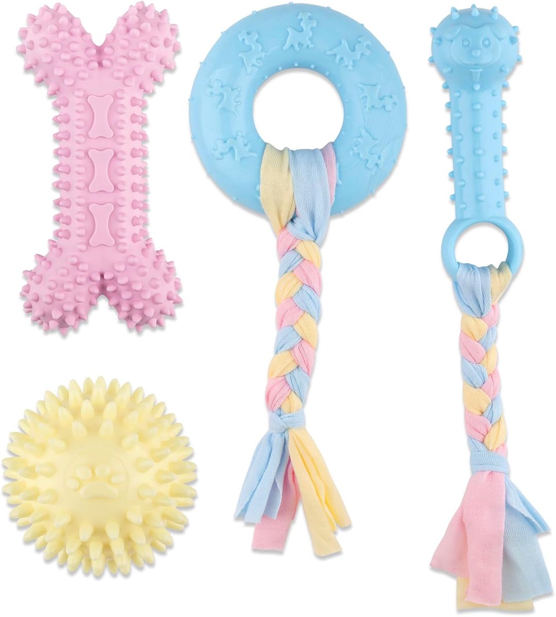 4 PCS Puppy Chew Toys - Relieves teething - Soft rubber & rope toys - Durable and interactive - Suitable for small dog breeds - Image 1