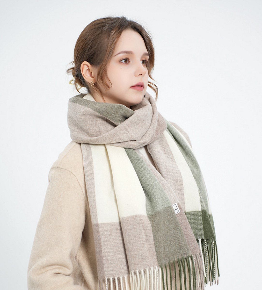 Women's Winter Scarf Cashmere Feel Scarf Fringes Checked Large Oversized Scarves Wraps (Green) - Image 1