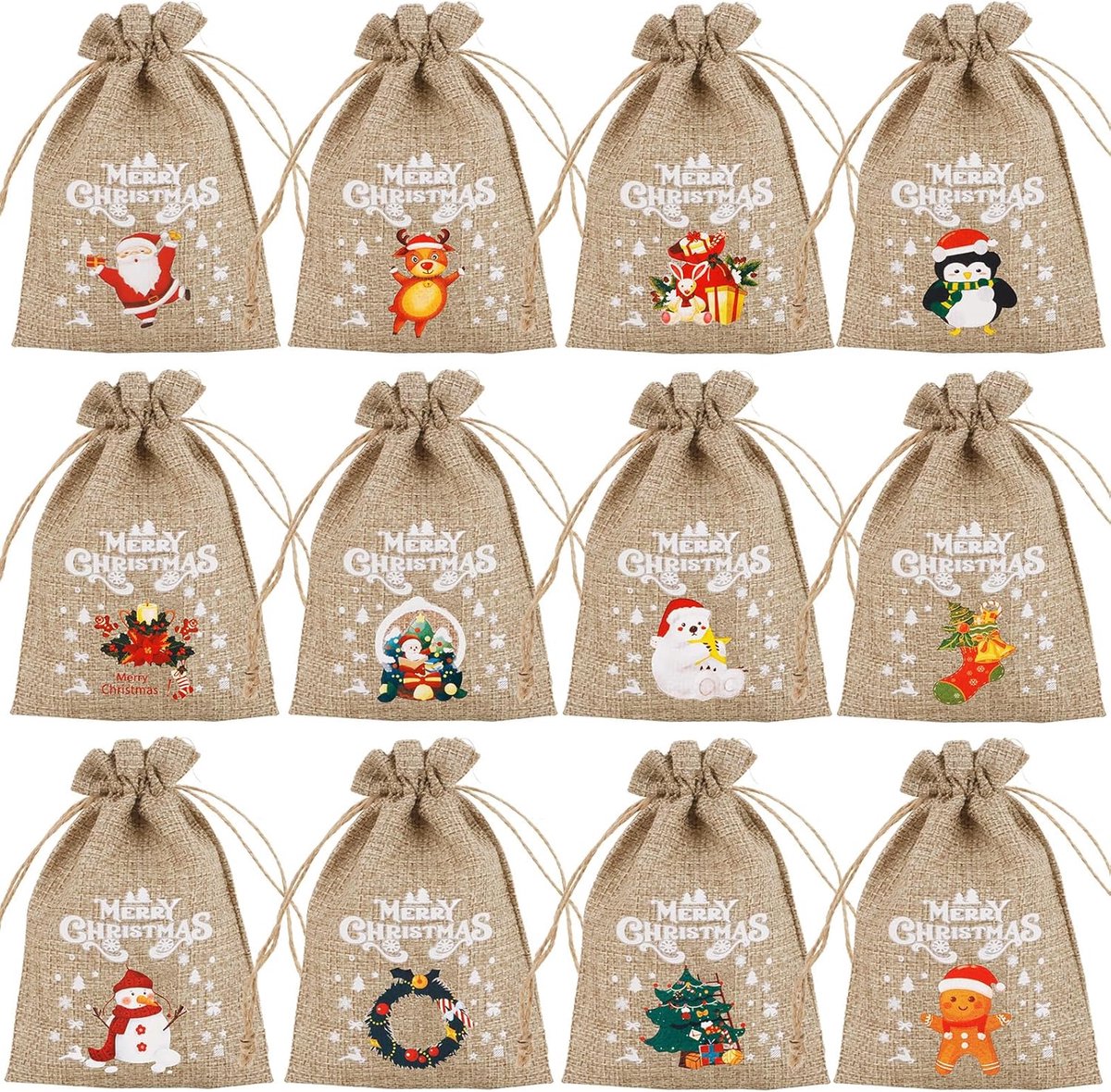 12 jute Christmas gift bags with drawstring - reusable linen bags - for holidays, birthdays, and New Year's parties - small candy bags as a treat - Image 1