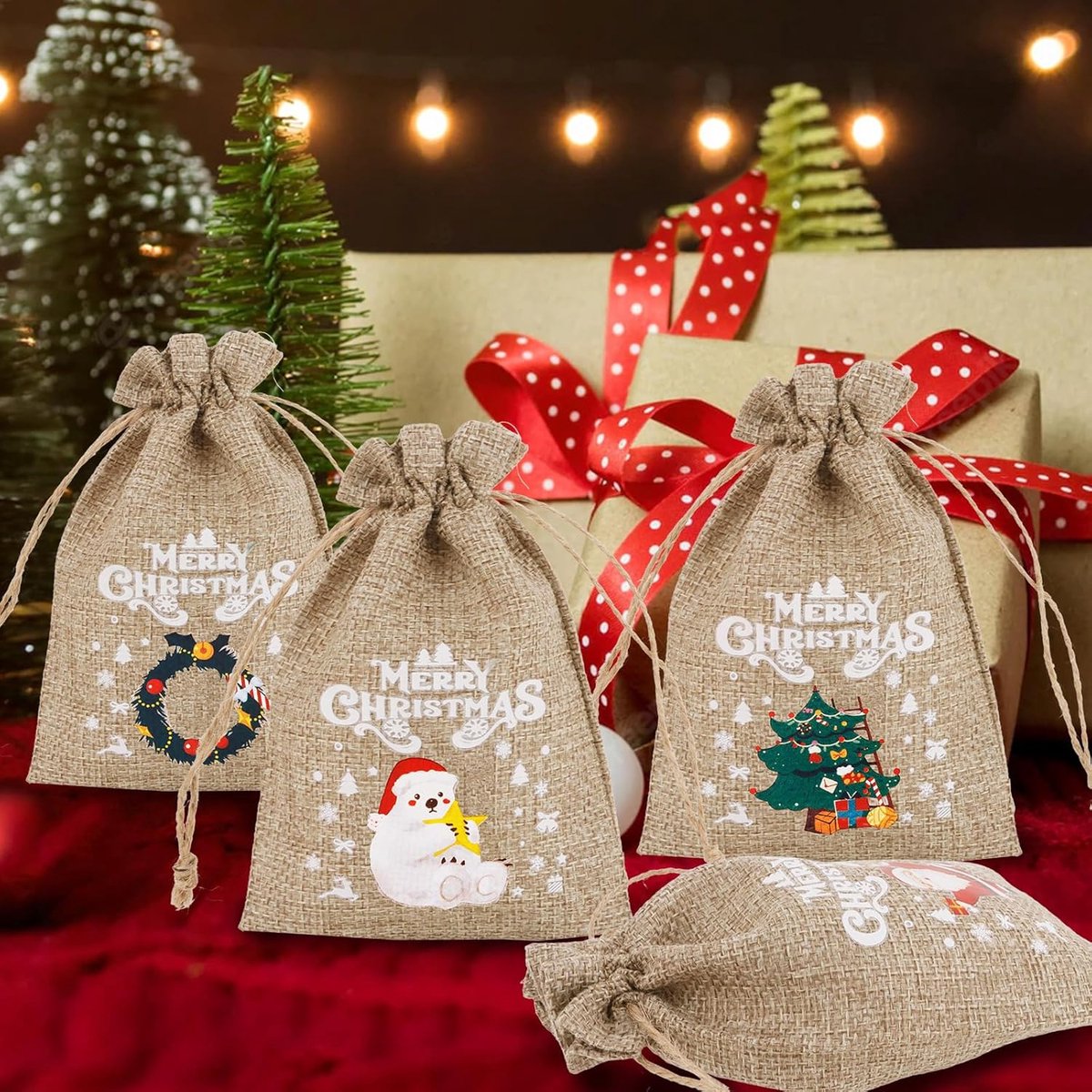 12 jute Christmas gift bags with drawstring - reusable linen bags - for holidays, birthdays, and New Year's parties - small candy bags as a treat - Image 3